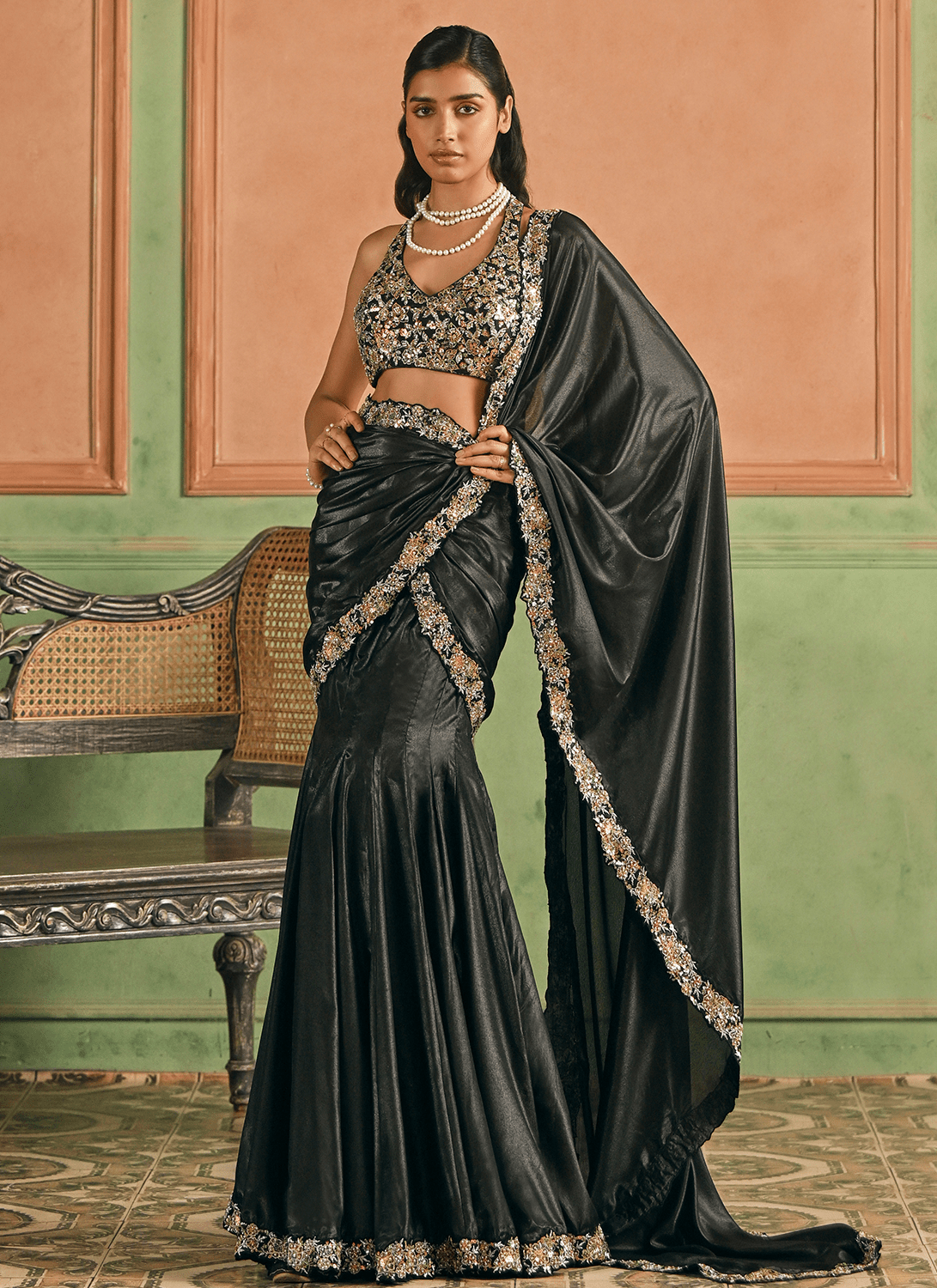 Black Embroidered Silk Saree - Lashkaraa