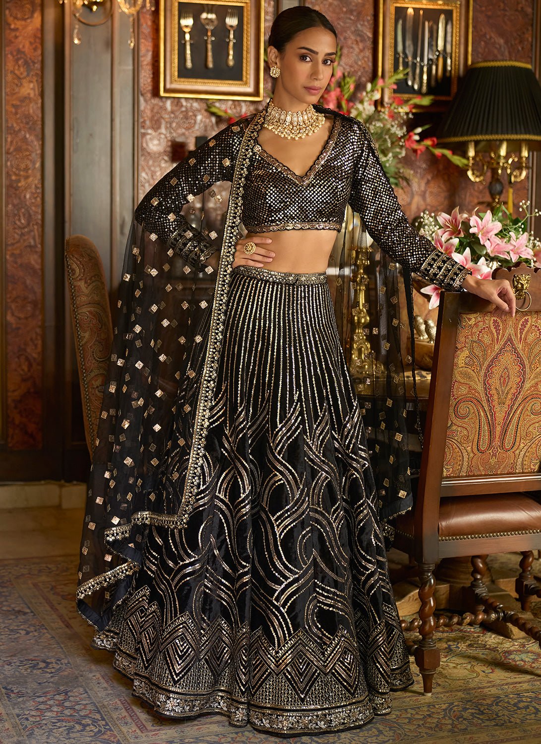 Black Embroidered Velvet Lehenga - Lashkaraa