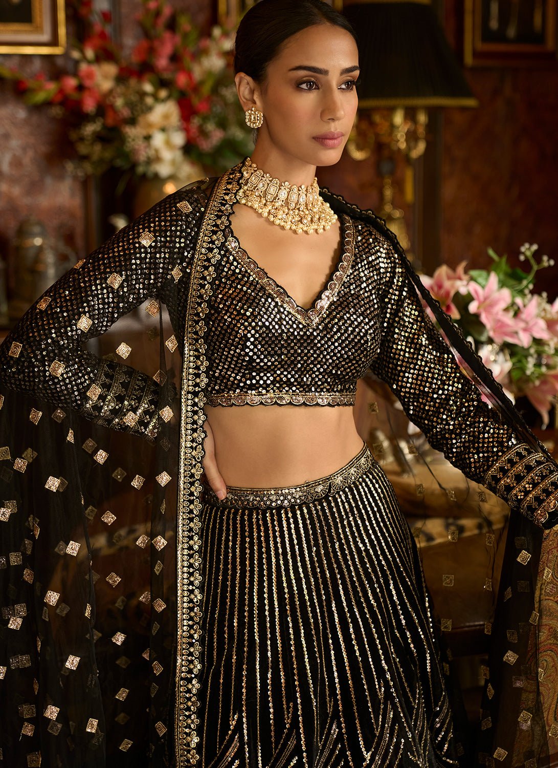 Black Embroidered Velvet Lehenga - Lashkaraa