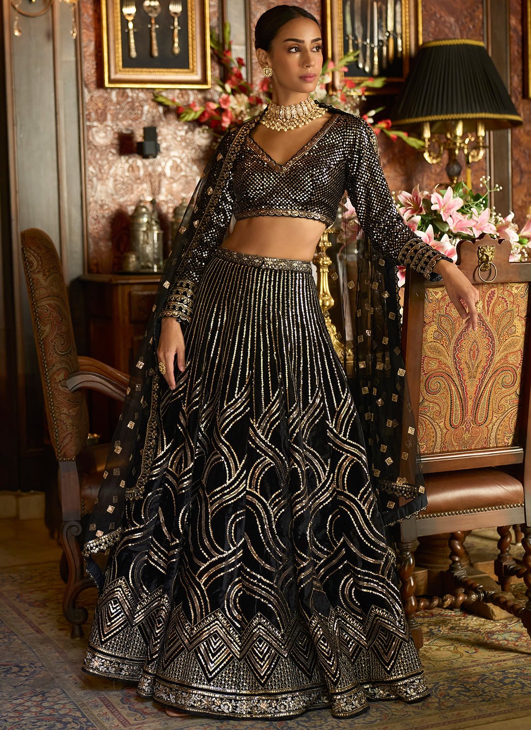 Black Embroidered Velvet Lehenga - Lashkaraa
