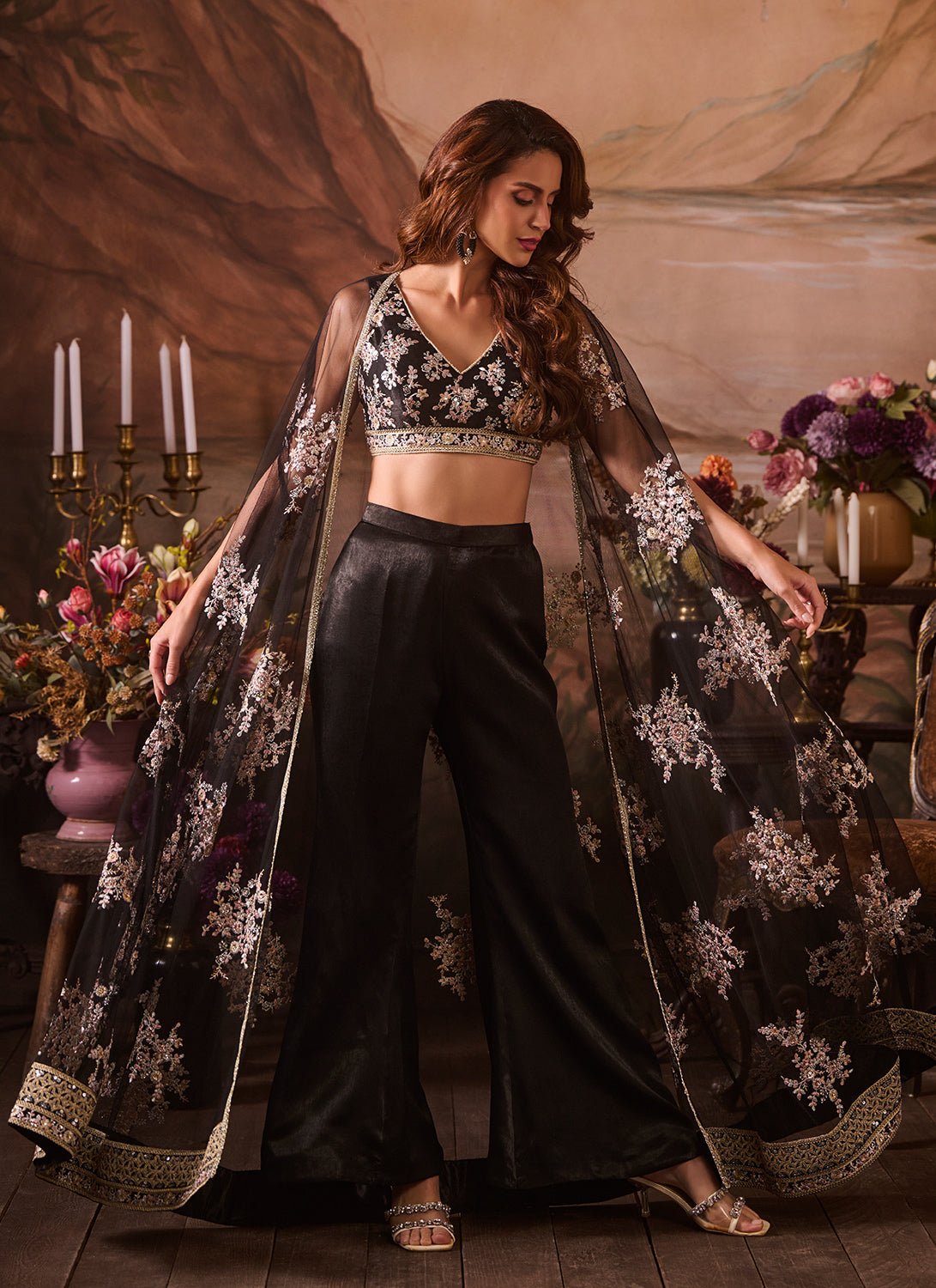Black Embroidered Velvet Pant Set With Jacket - Lashkaraa
