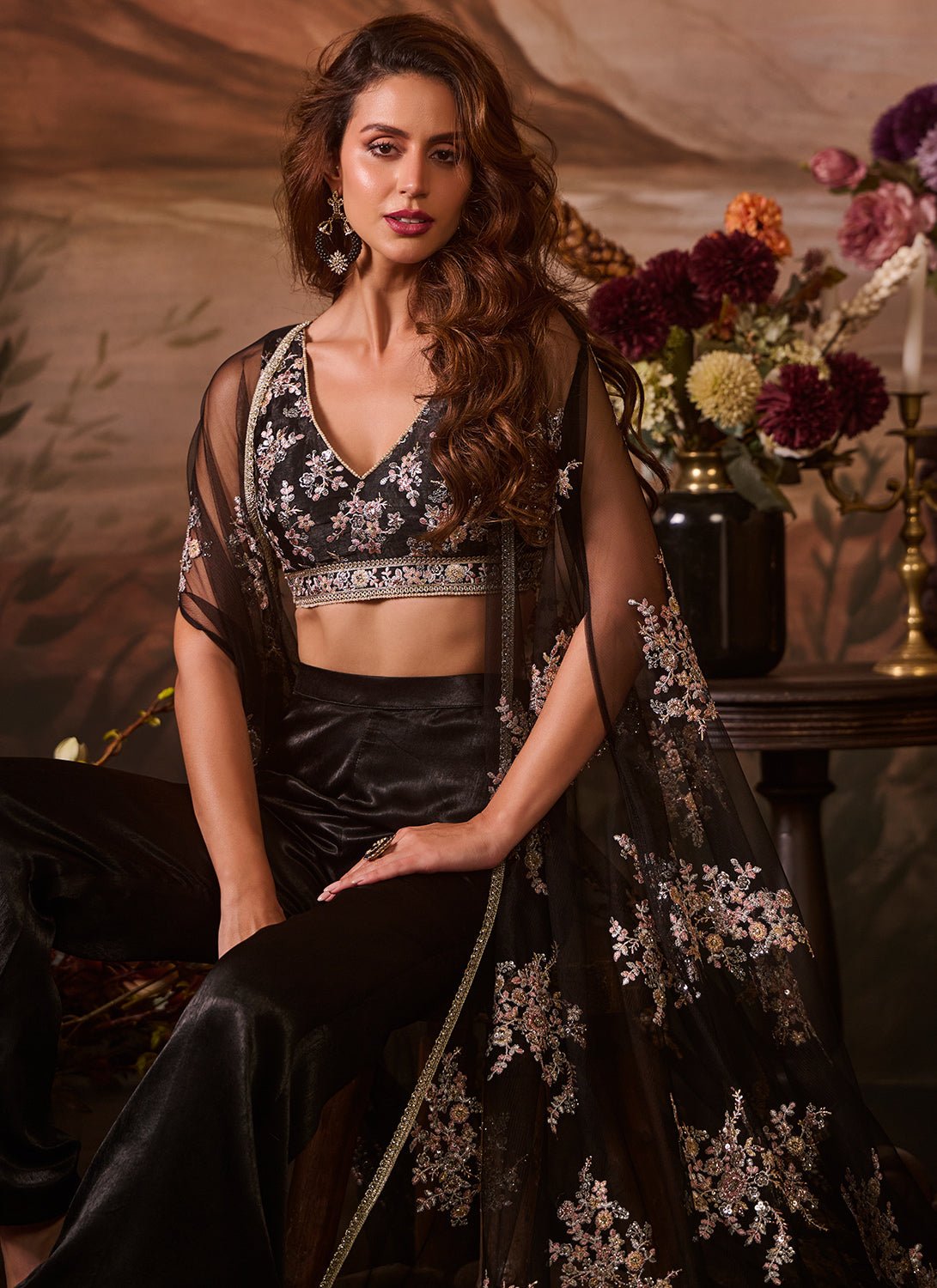 Black Embroidered Velvet Pant Set With Jacket - Lashkaraa