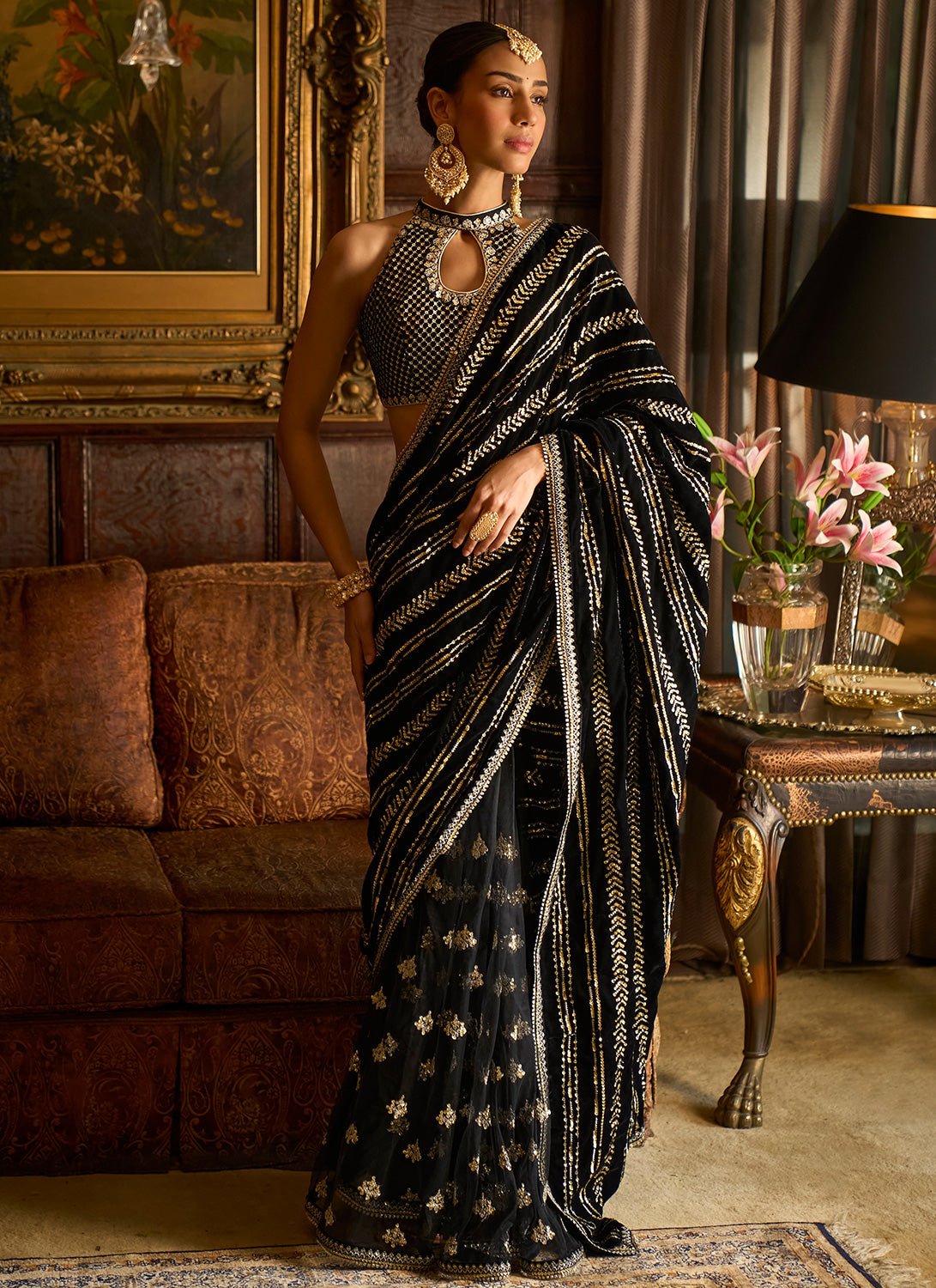 Black Embroidered Velvet Saree - Lashkaraa