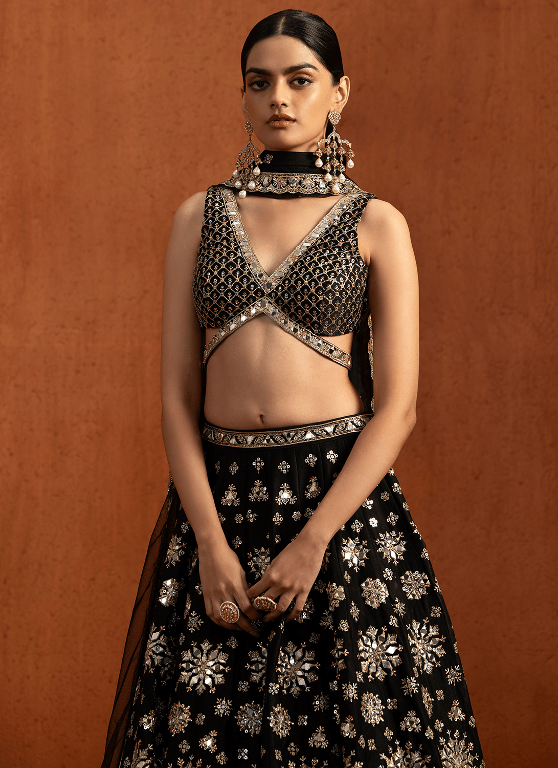 Black Embroidered Velvet Satin Lehenga - Lashkaraa