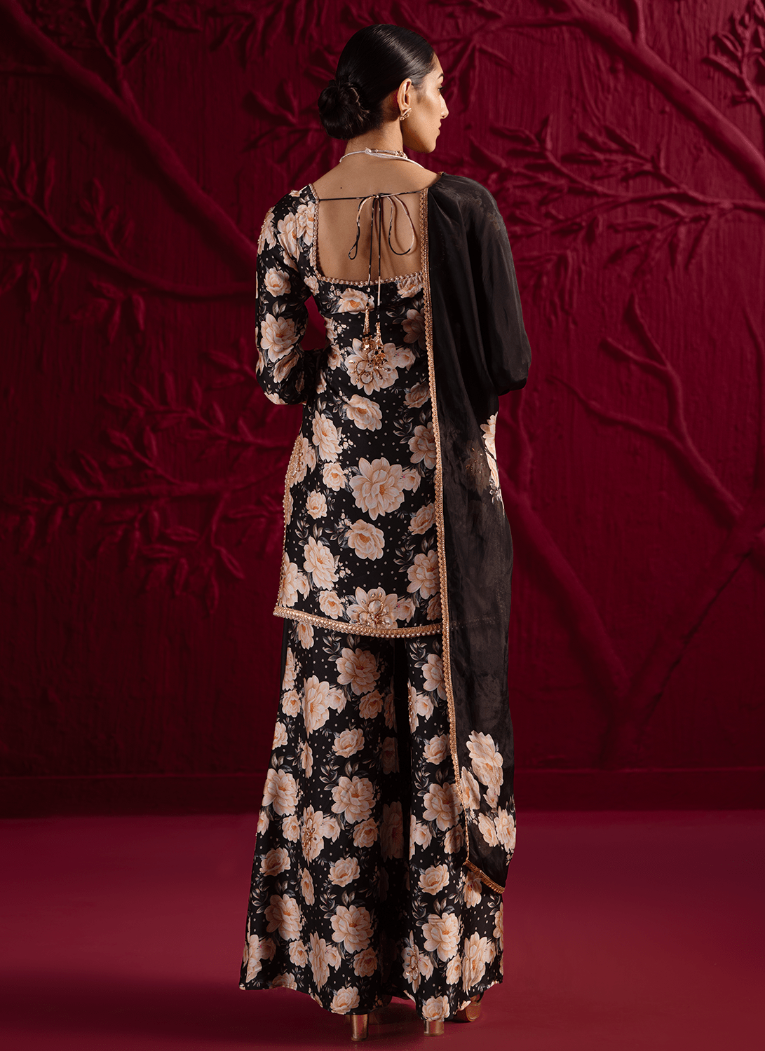 Black Floral Embroidered Satin Georgette Sharara Suit - Lashkaraa