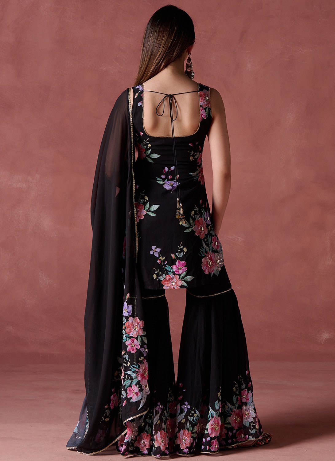 Black Floral Printed Georgette Gharara Suit - Lashkaraa