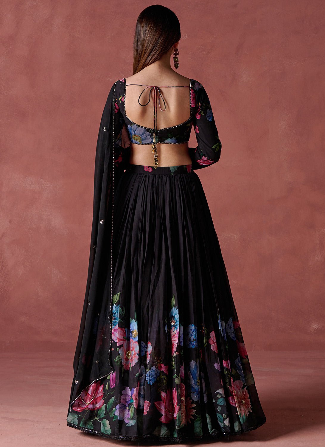 Black Floral Printed Georgette Lehenga - Lashkaraa