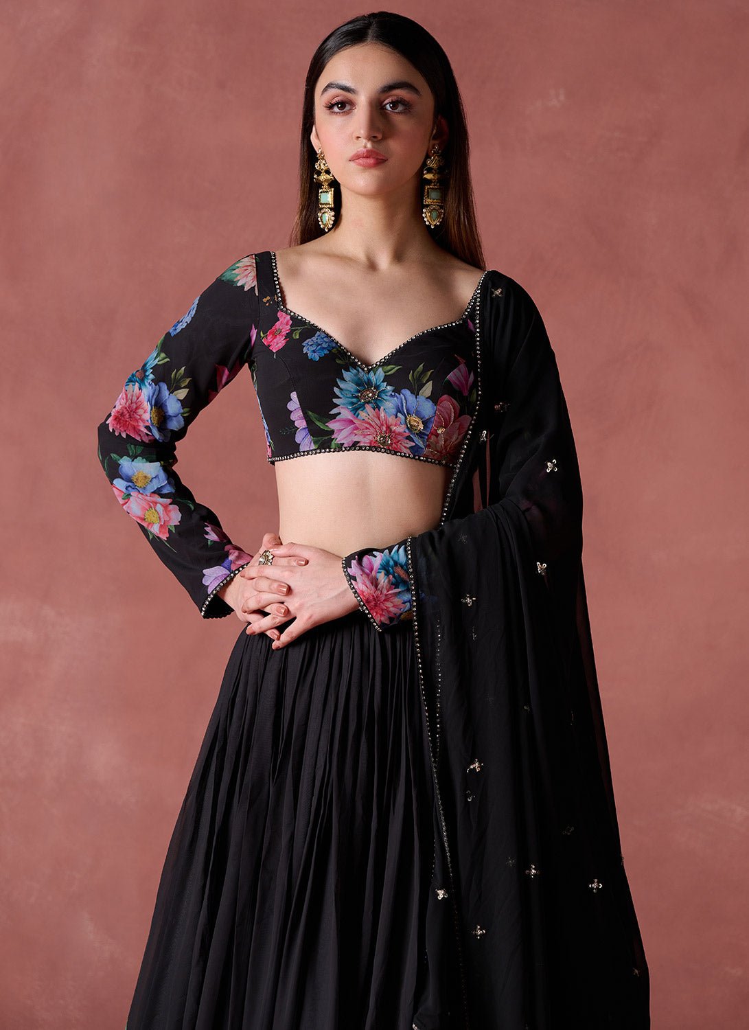 Black Floral Printed Georgette Lehenga - Lashkaraa