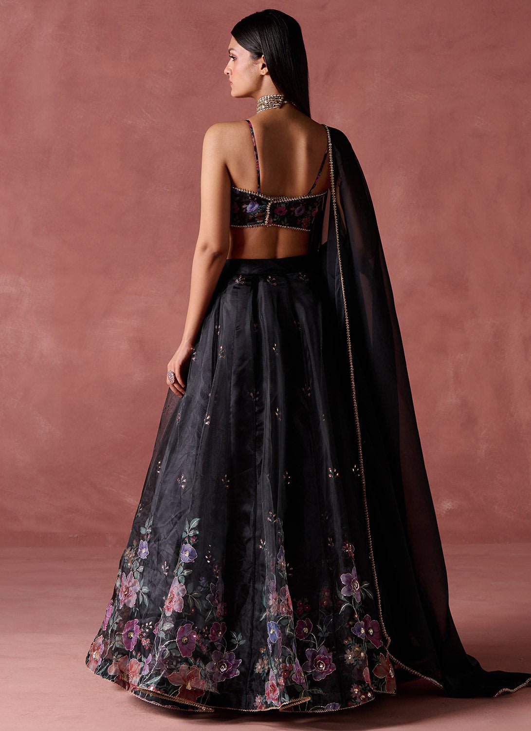 Black Floral Printed Organza Lehenga - Lashkaraa
