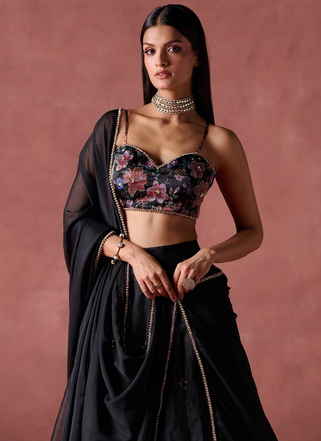 Black Floral Printed Organza Lehenga - Lashkaraa