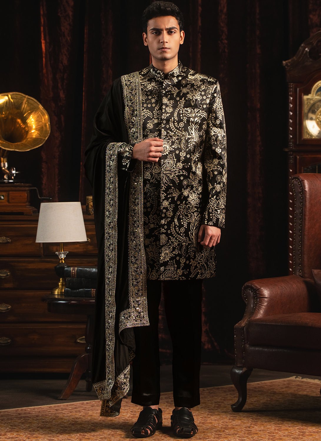 Black Foil Printed Sherwani Set - Lashkaraa