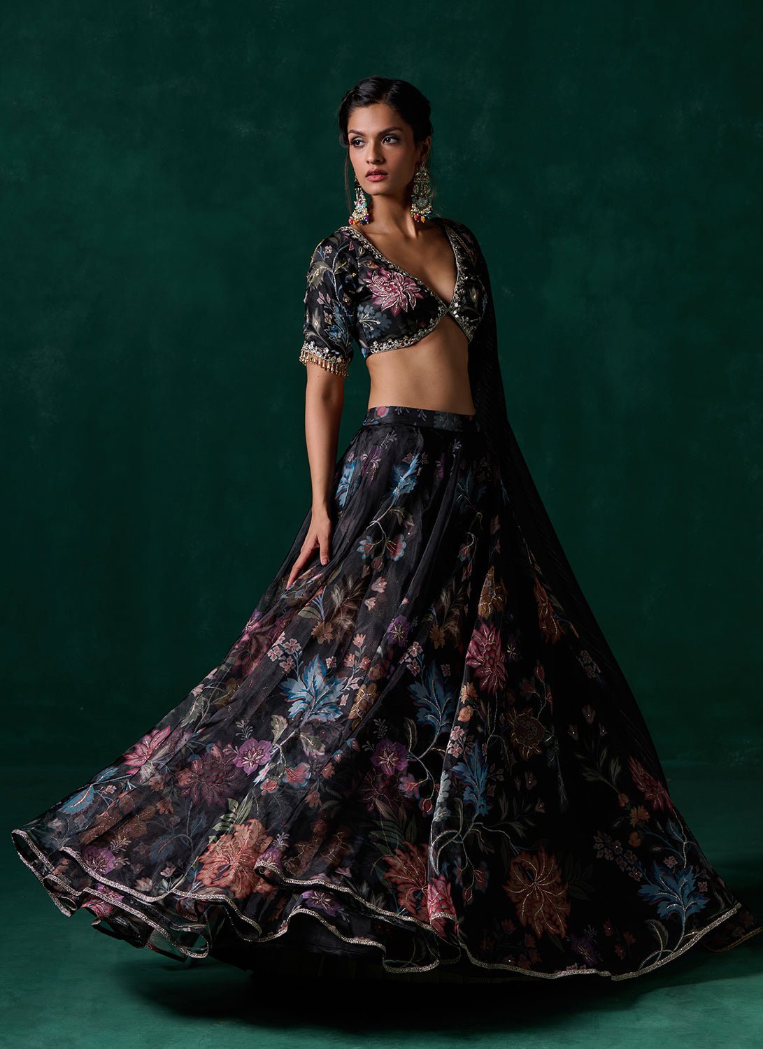 Black Multicolor Floral Printed Lehenga - Lashkaraa