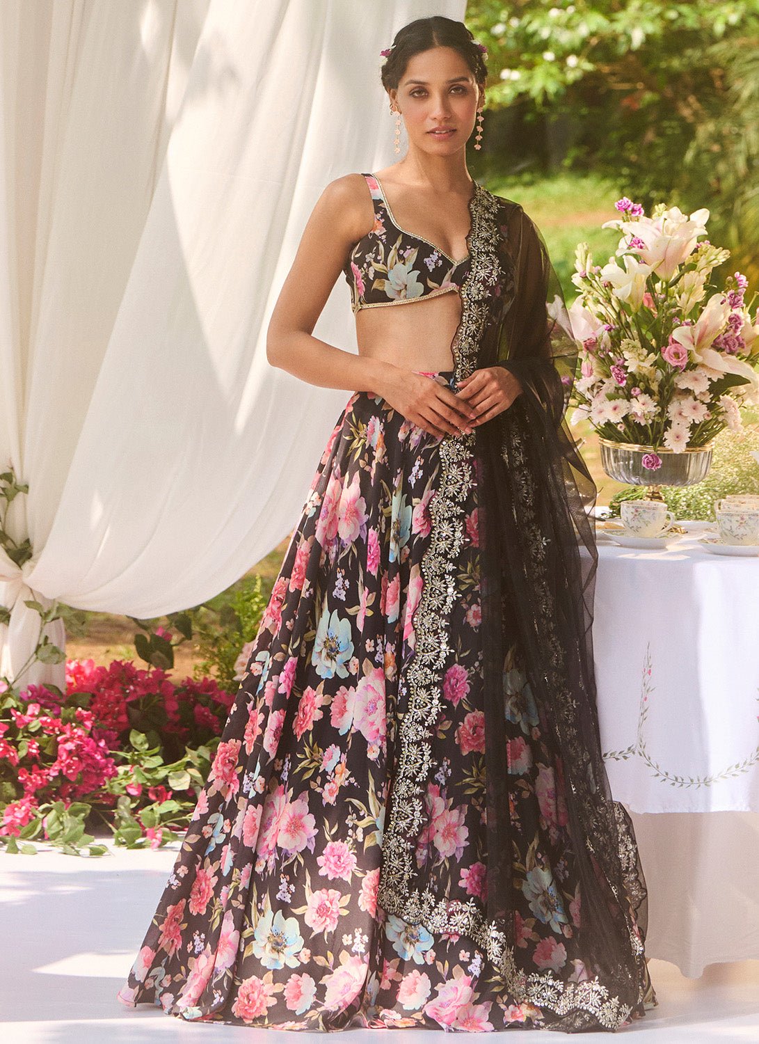 Black Multicolor Floral Printed Lehenga - Lashkaraa