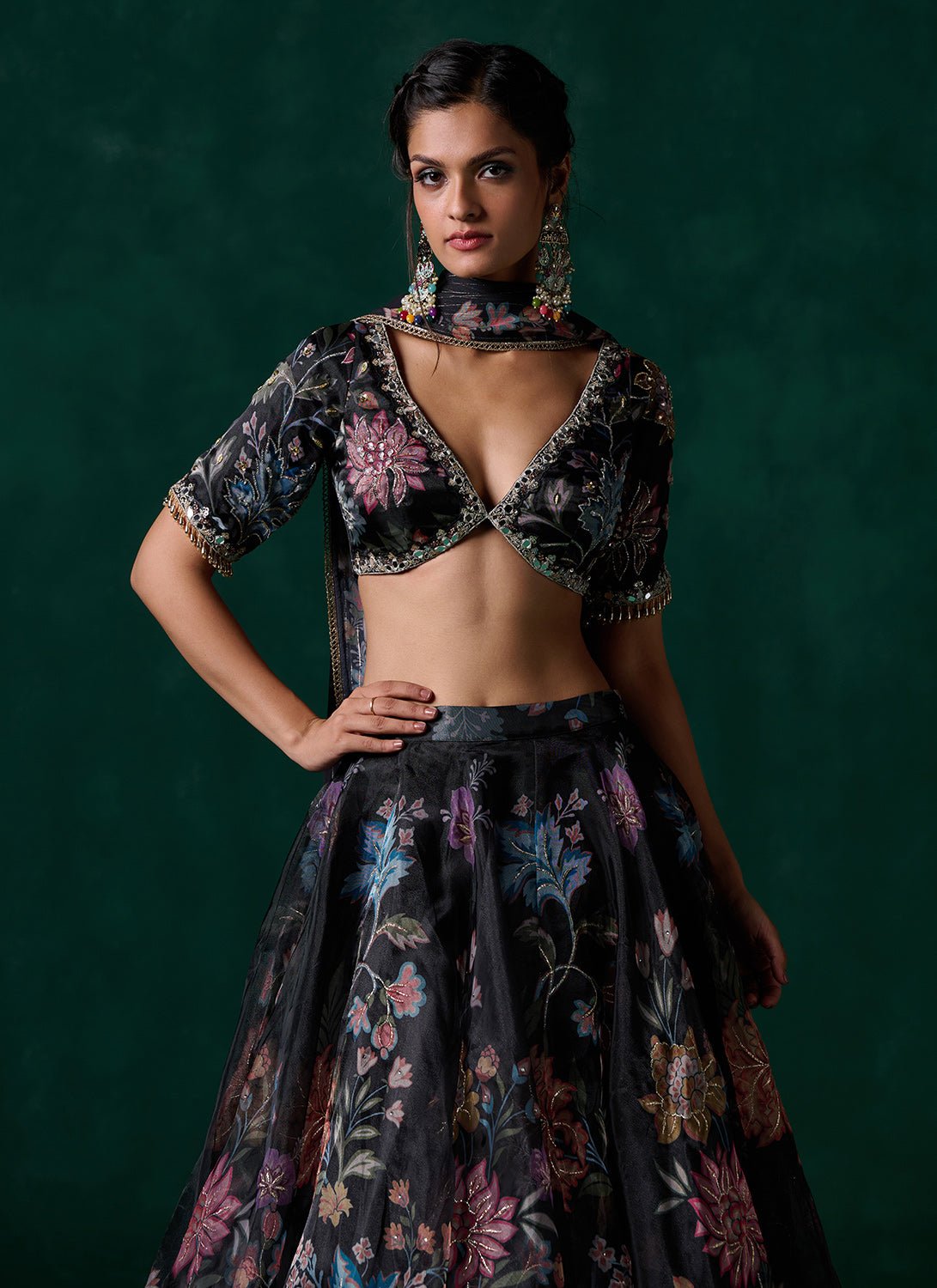 Black Multicolor Floral Printed Lehenga - Lashkaraa