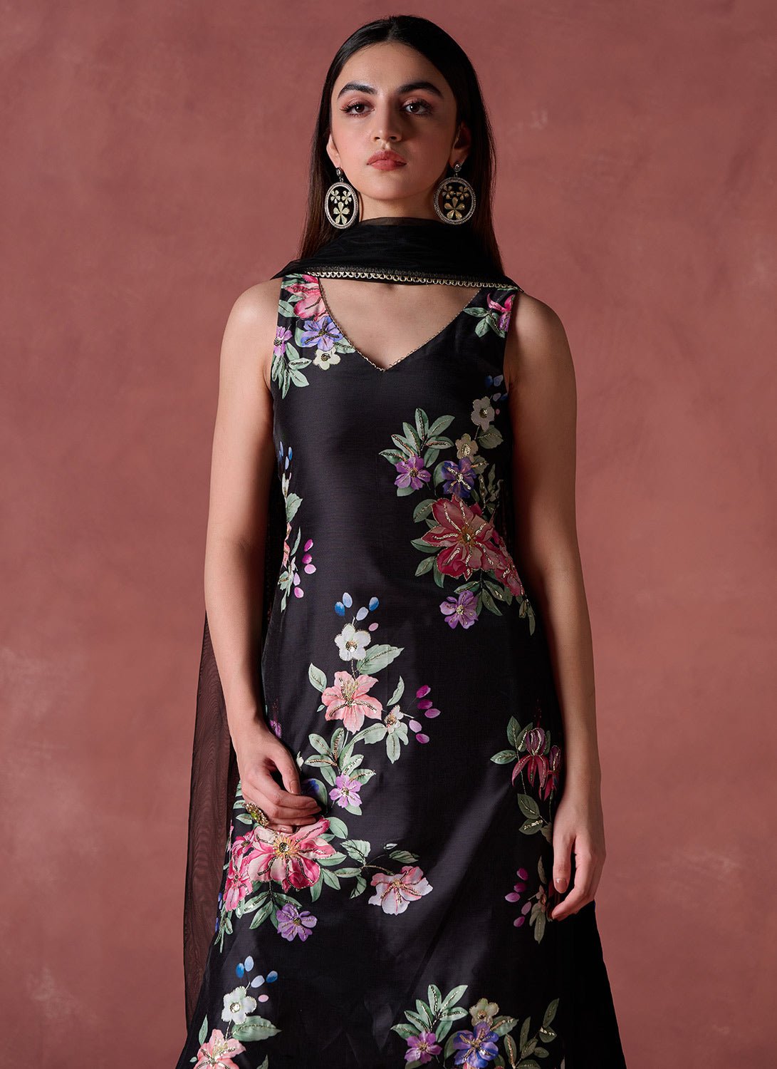 Black Multicolor Floral Printed Palazzo Suit - Lashkaraa