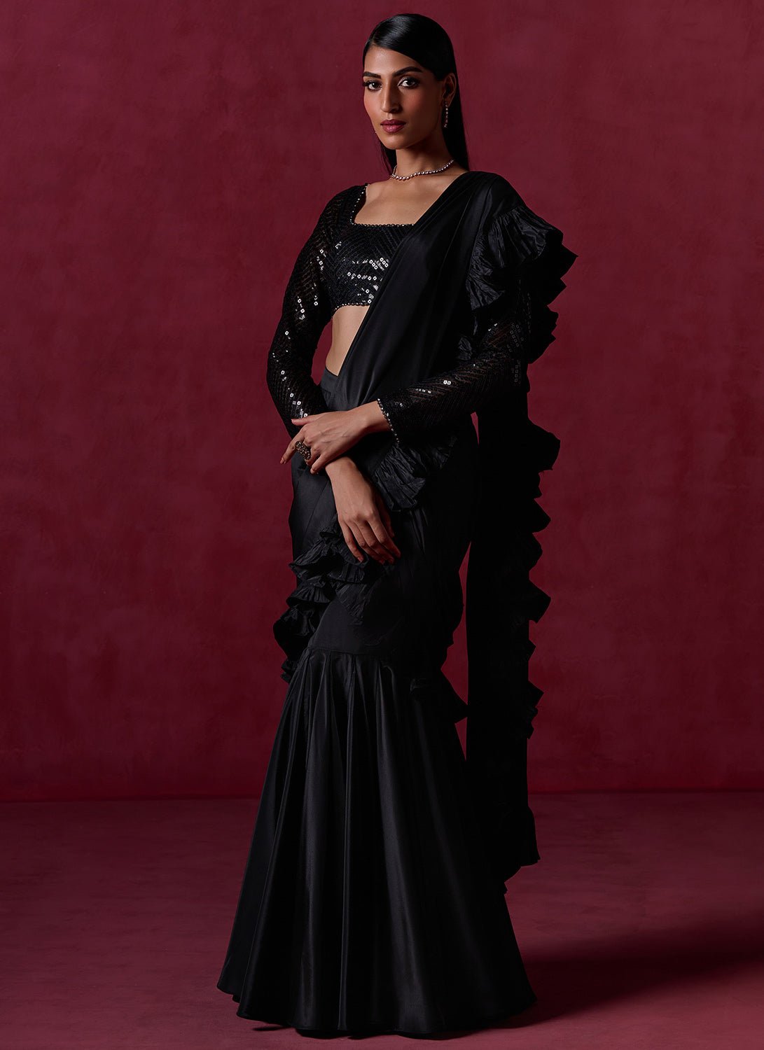 Black Ruffled Crepe Saree - Lashkaraa
