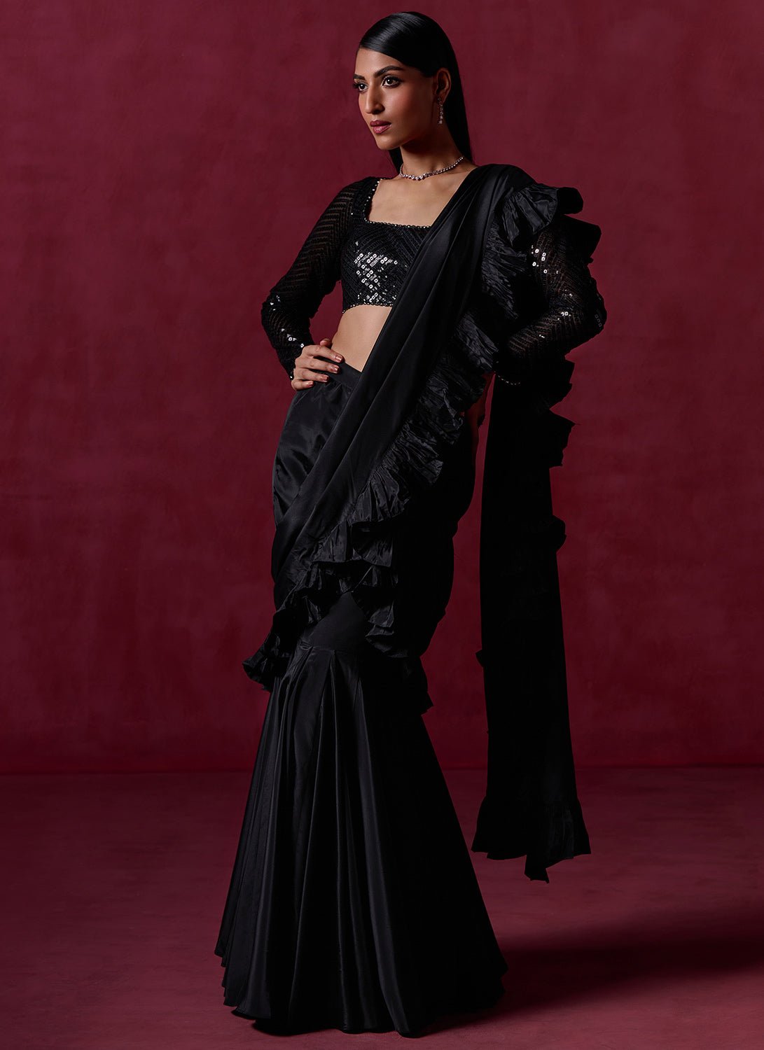 Black Ruffled Crepe Saree - Lashkaraa