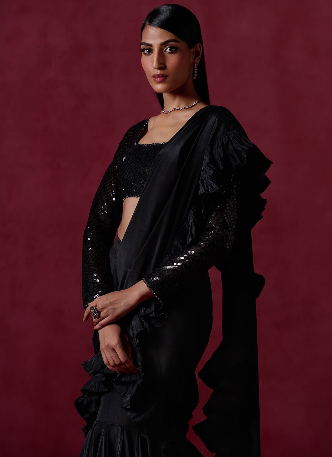 Black Ruffled Crepe Saree - Lashkaraa