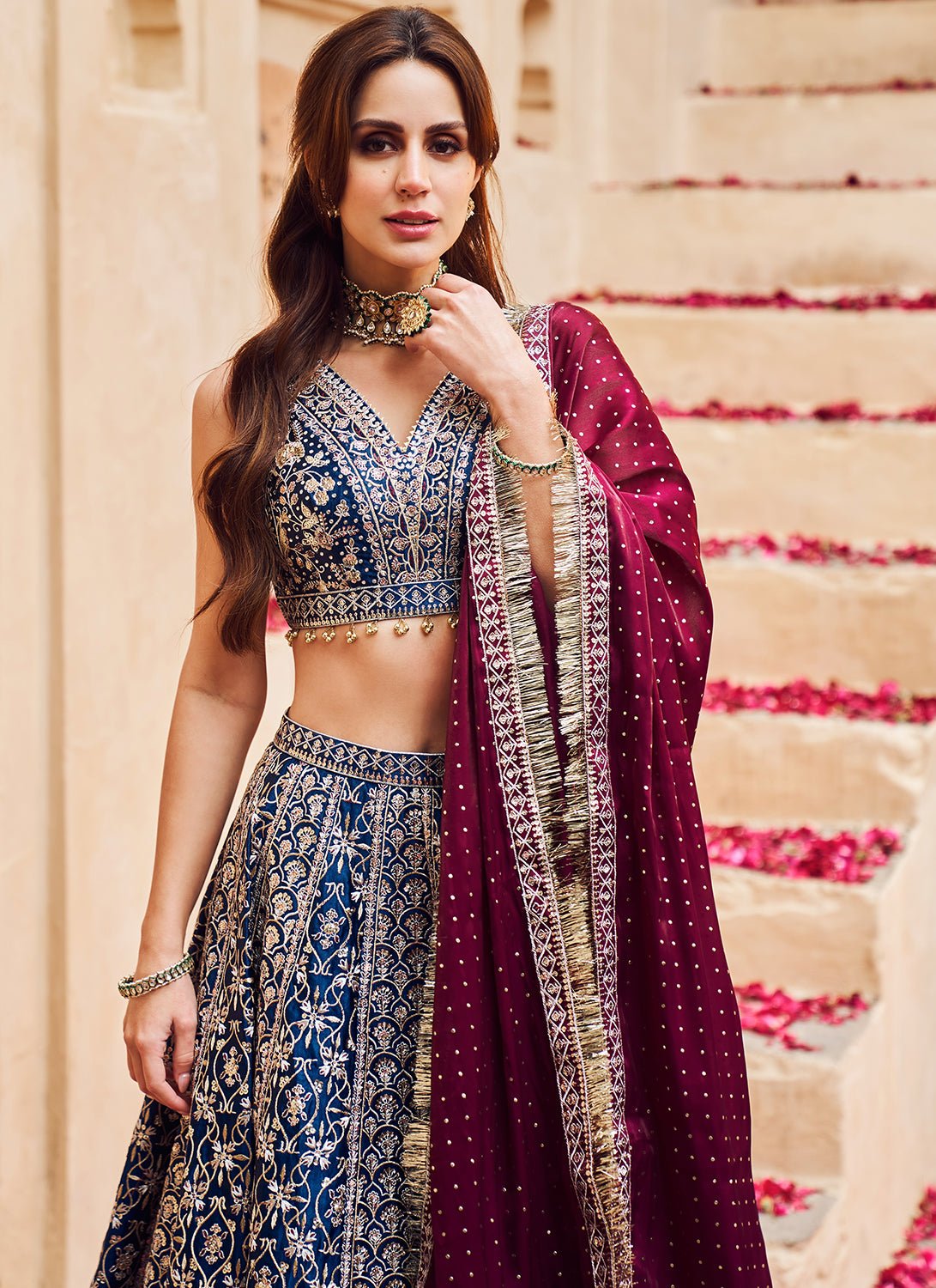 Blue and Maroon Embroidered Lehenga - Lashkaraa