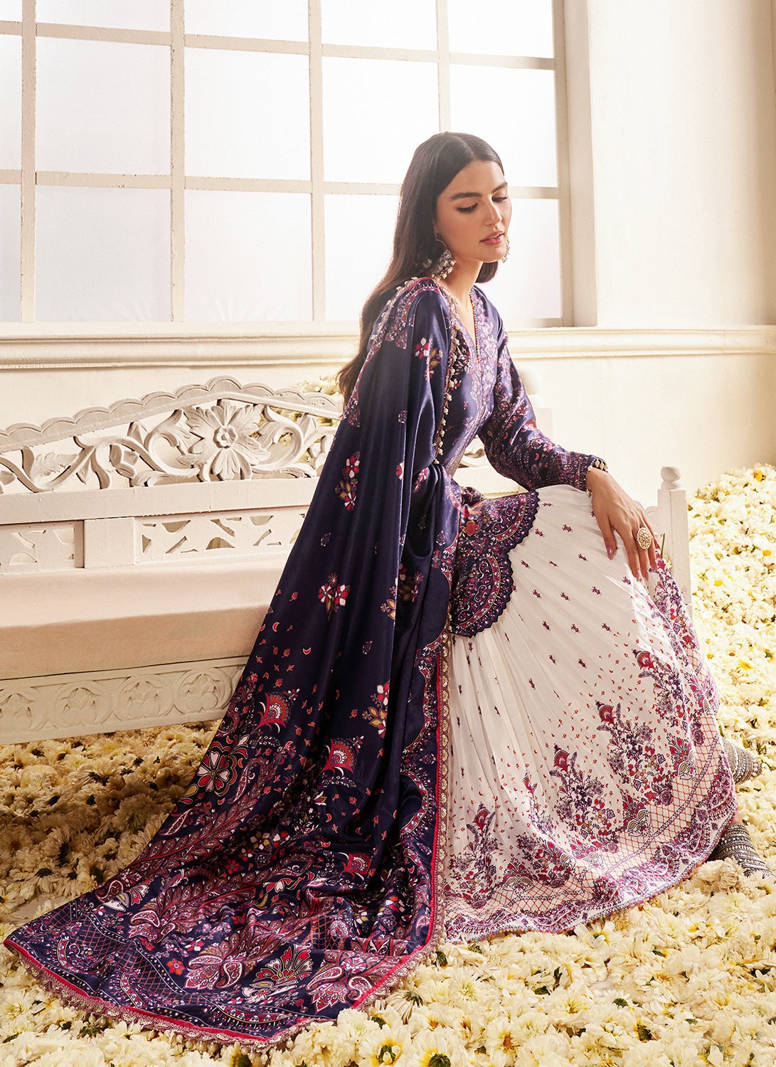 Blue and White Floral Printed Gharara Suit - Lashkaraa