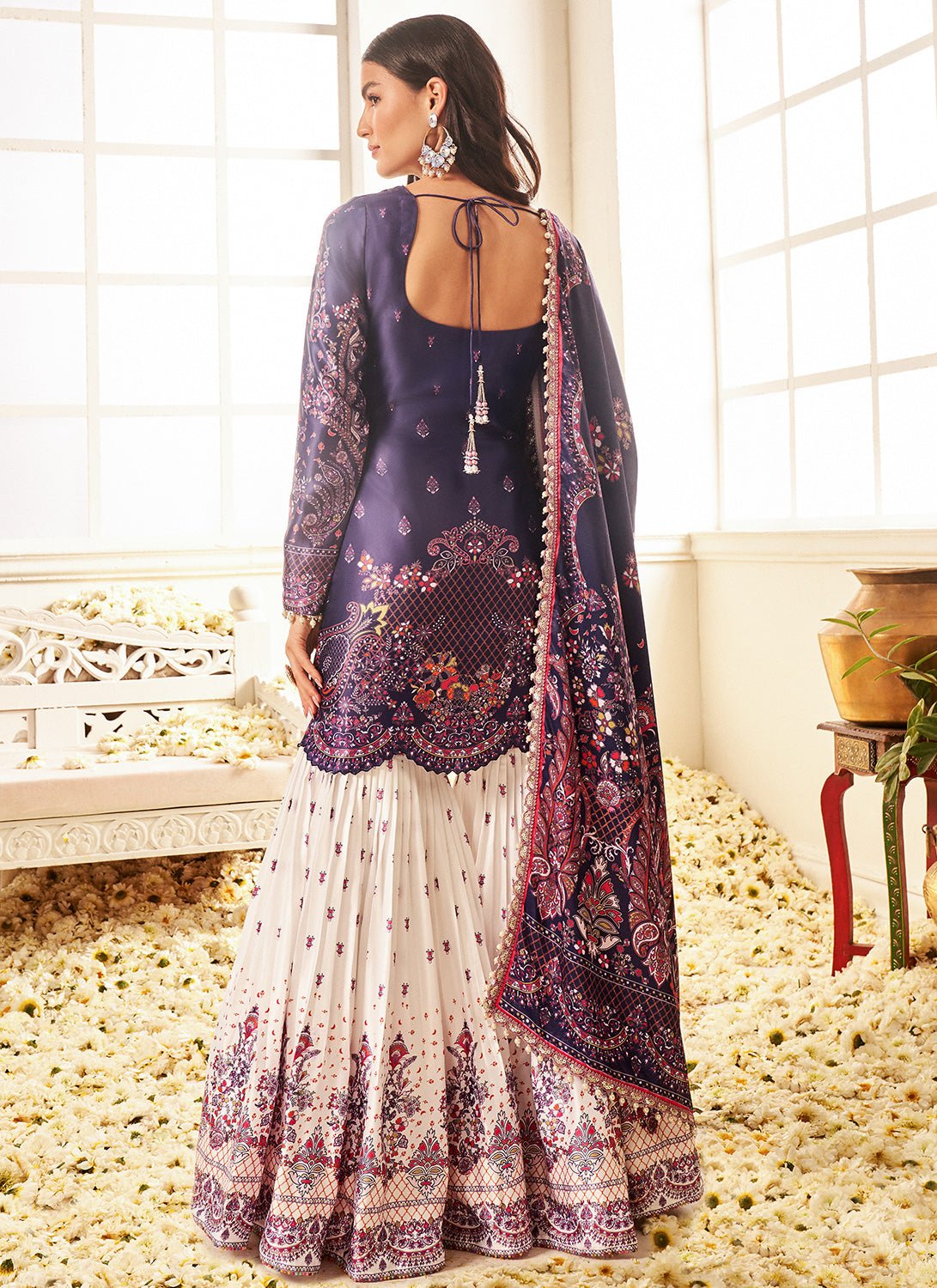 Blue and White Floral Printed Gharara Suit - Lashkaraa