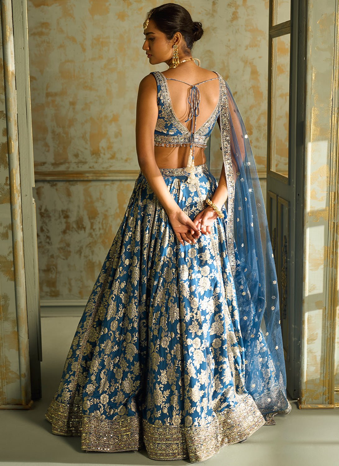 Blue Embroidered Brocade Lehenga - Lashkaraa