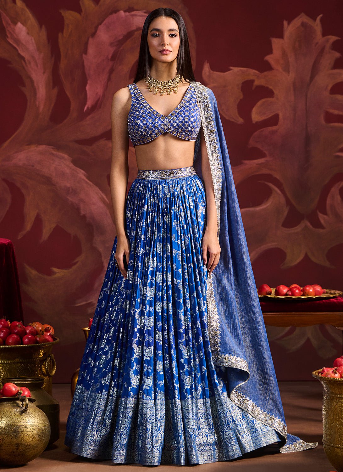 Blue Embroidered Brocade Lehenga - Lashkaraa