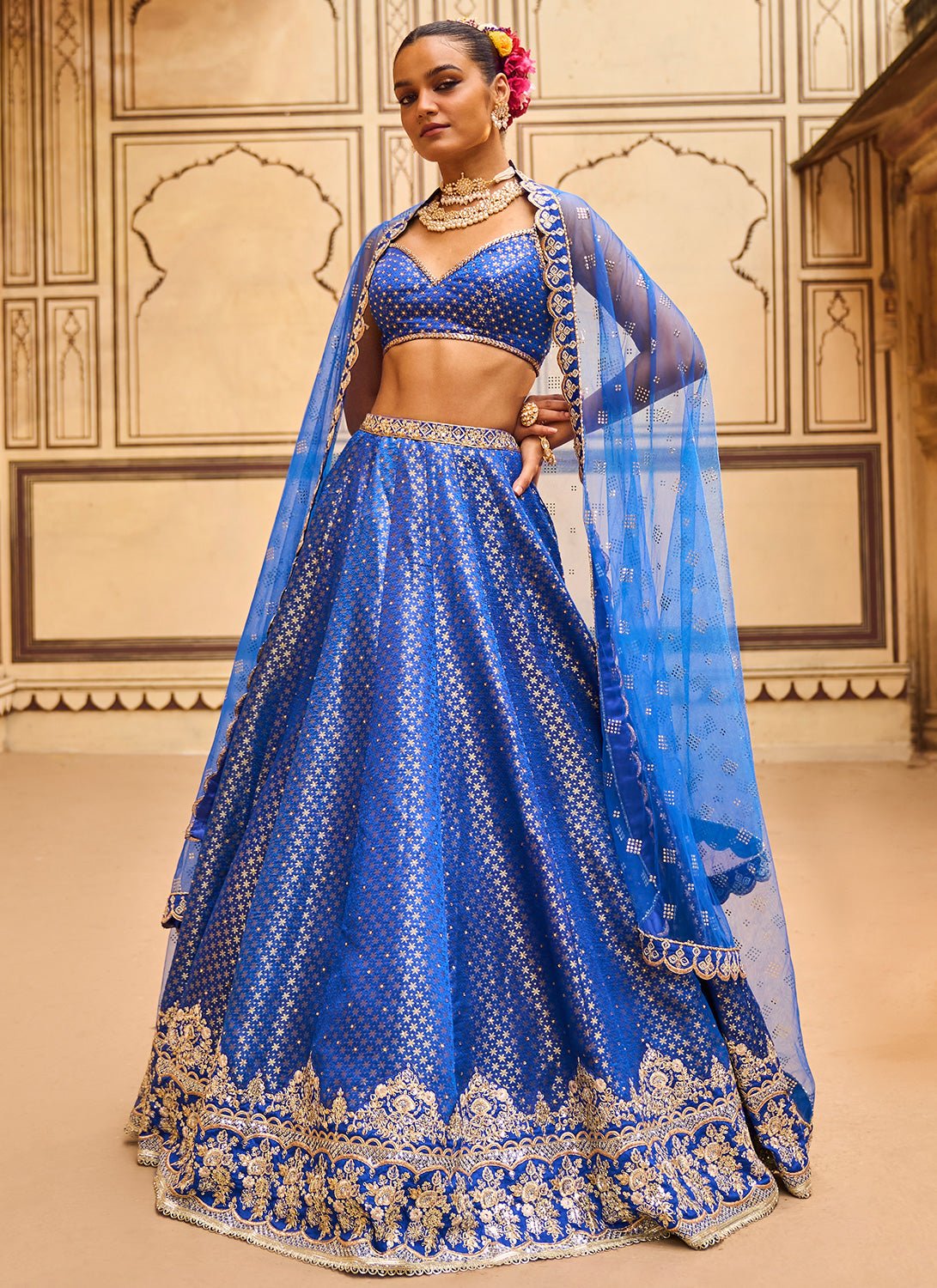 Blue Embroidered Brocade Lehenga - Lashkaraa