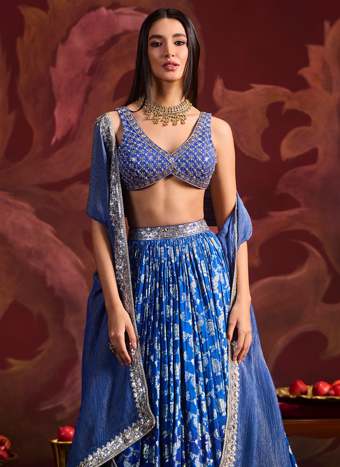 Blue Embroidered Brocade Lehenga - Lashkaraa