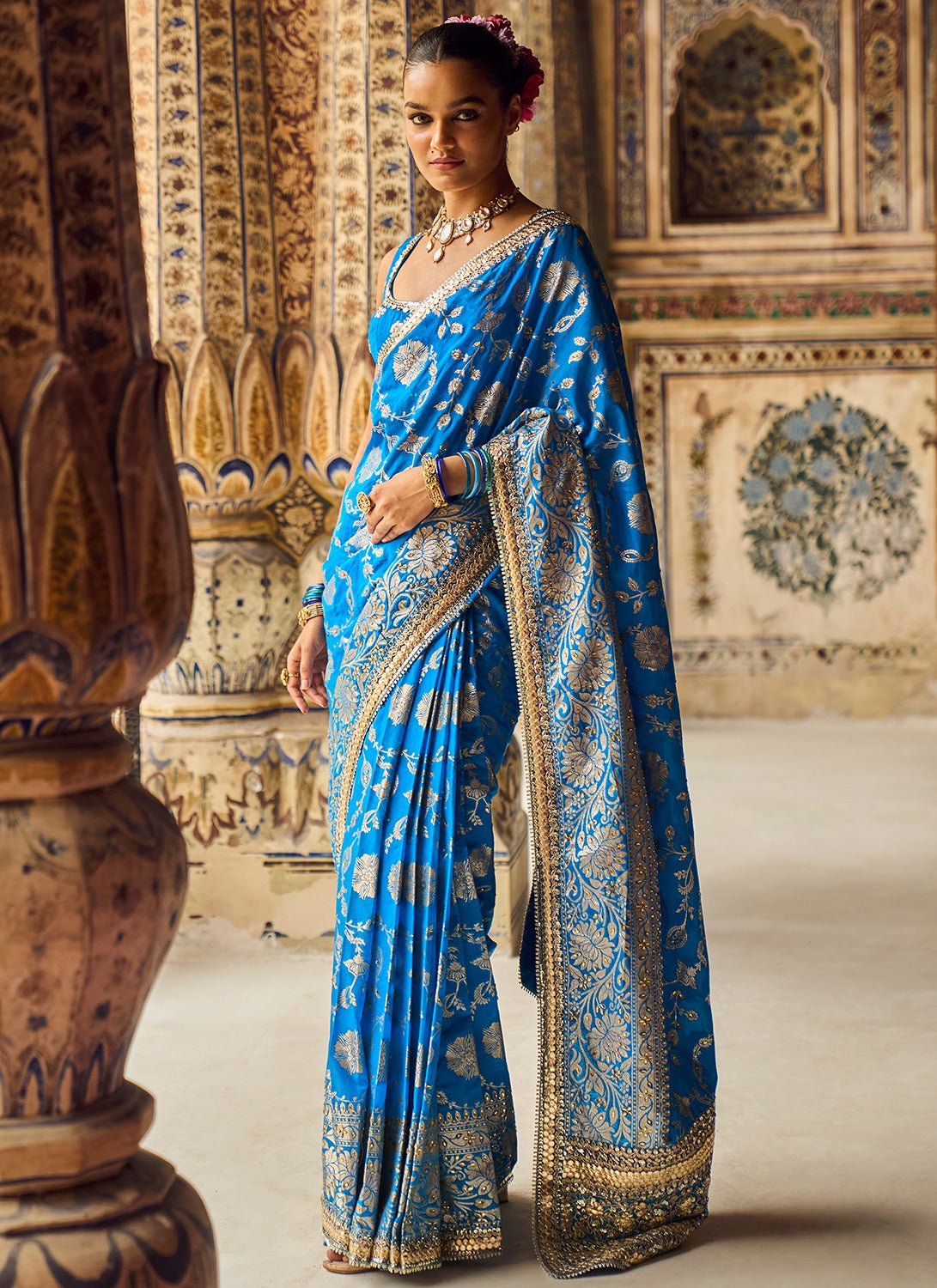 Blue Embroidered Brocade Saree - Lashkaraa