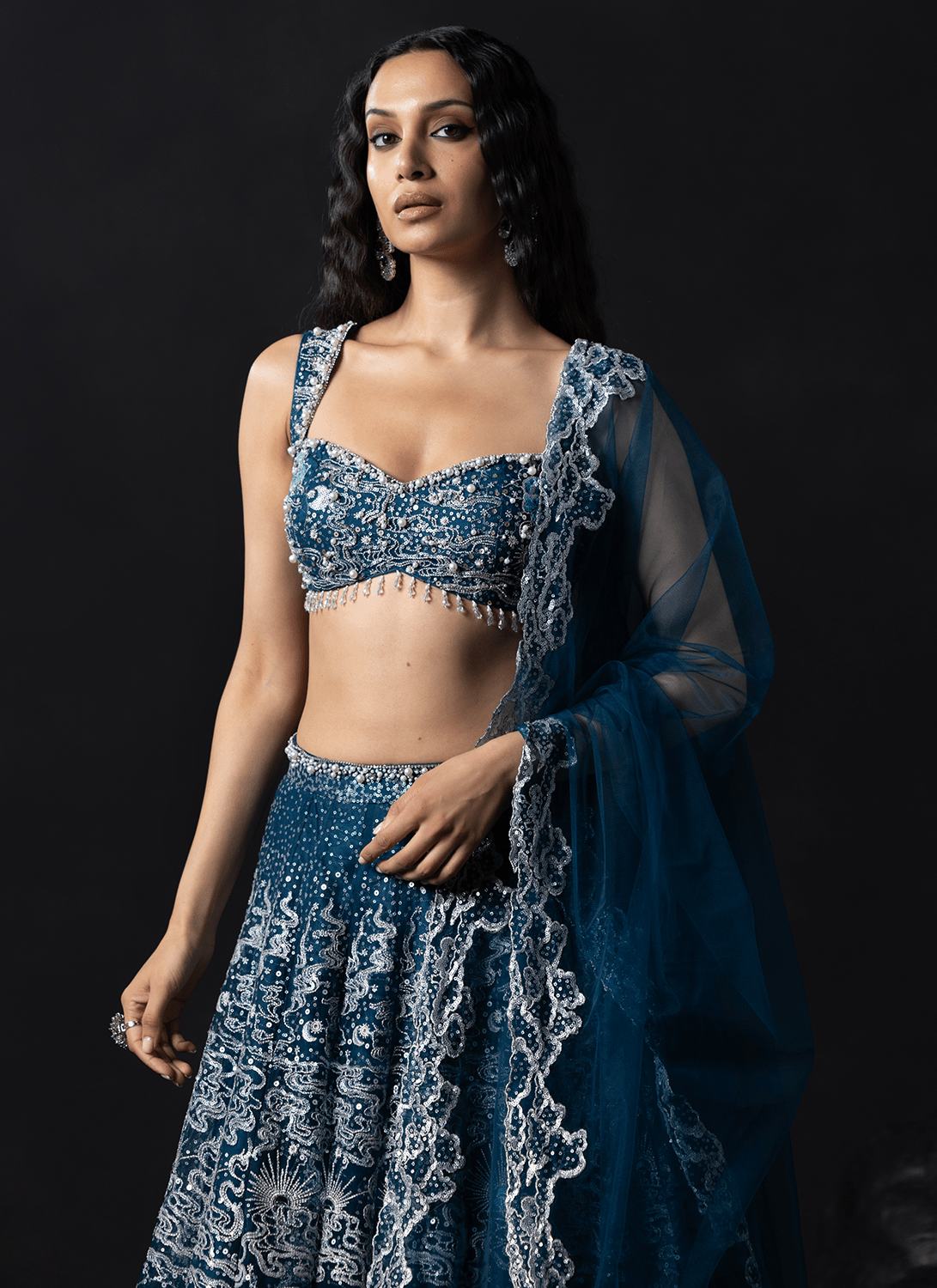 Blue Embroidered Net Lehenga - Lashkaraa