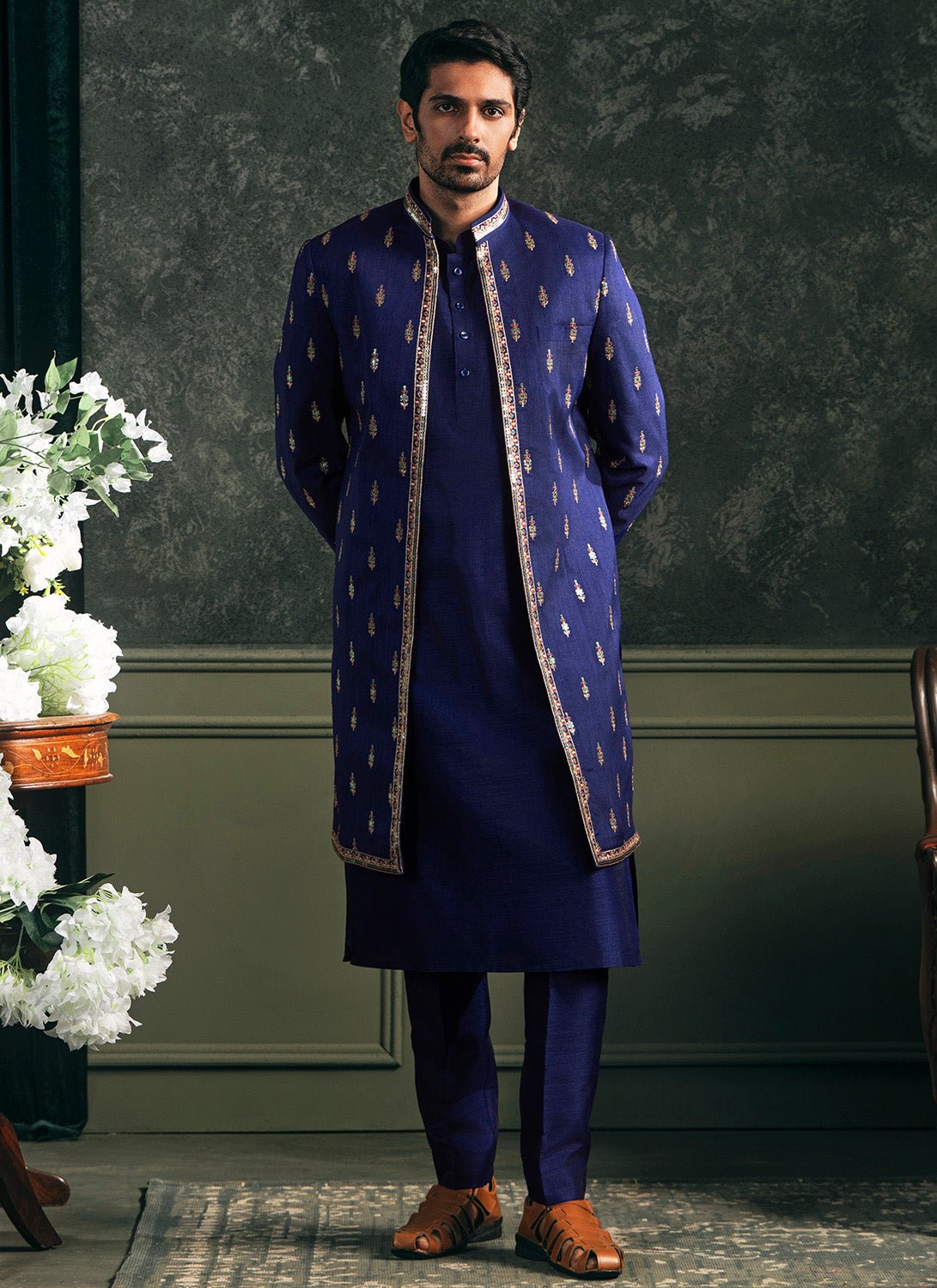 Blue Embroidered Silk Sherwani Set - Lashkaraa