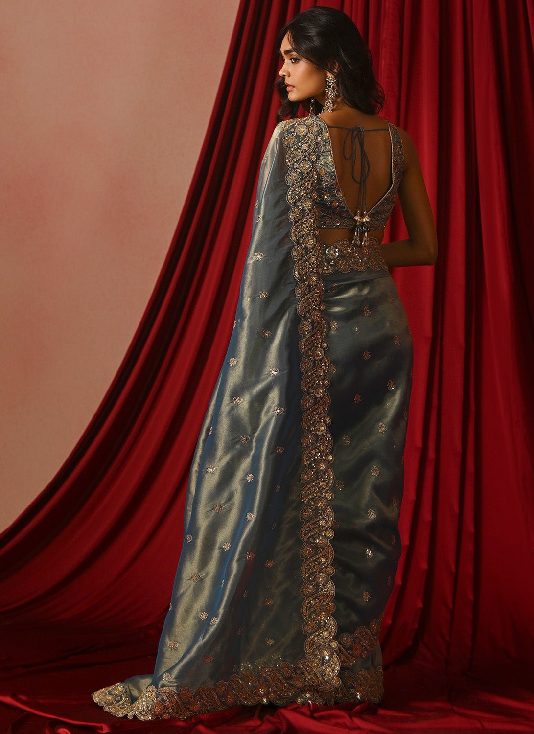 Blue Embroidered Tissue Saree - Lashkaraa