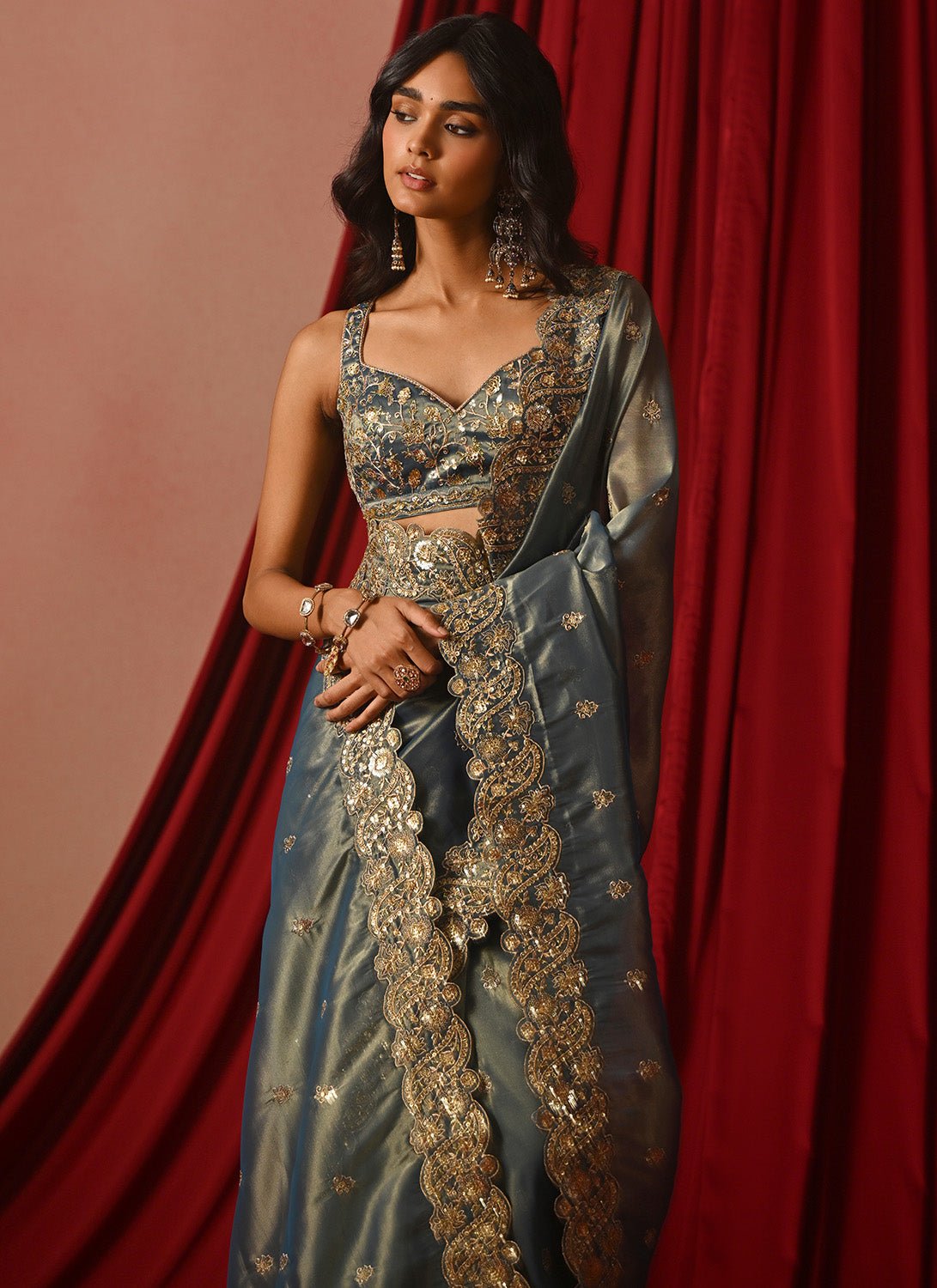 Blue Embroidered Tissue Saree - Lashkaraa