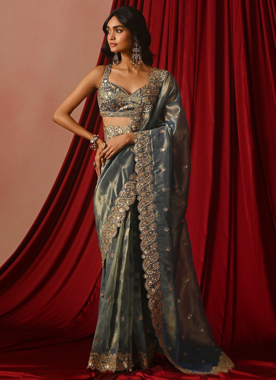 Blue Embroidered Tissue Saree - Lashkaraa