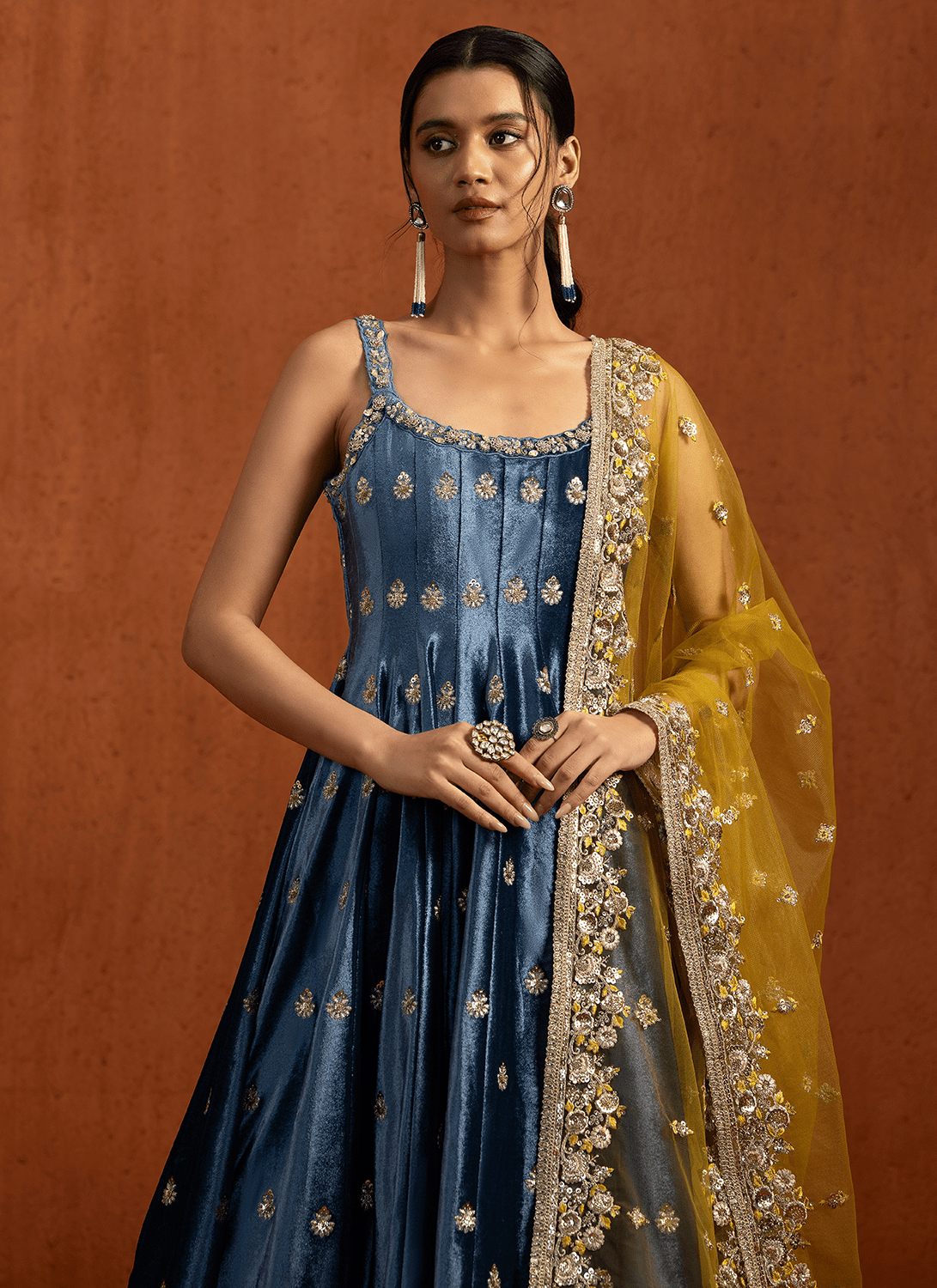 Blue Embroidered Velvet Anarkali - Lashkaraa
