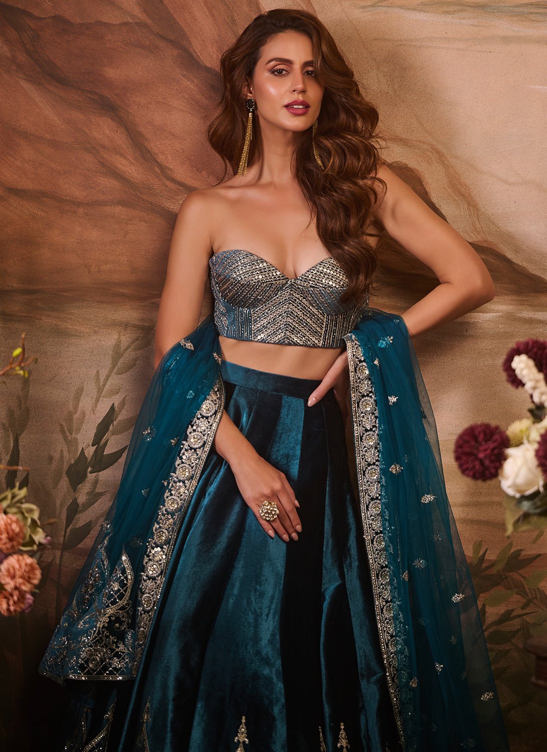 Blue Embroidered Velvet Corset Style Lehenga - Lashkaraa