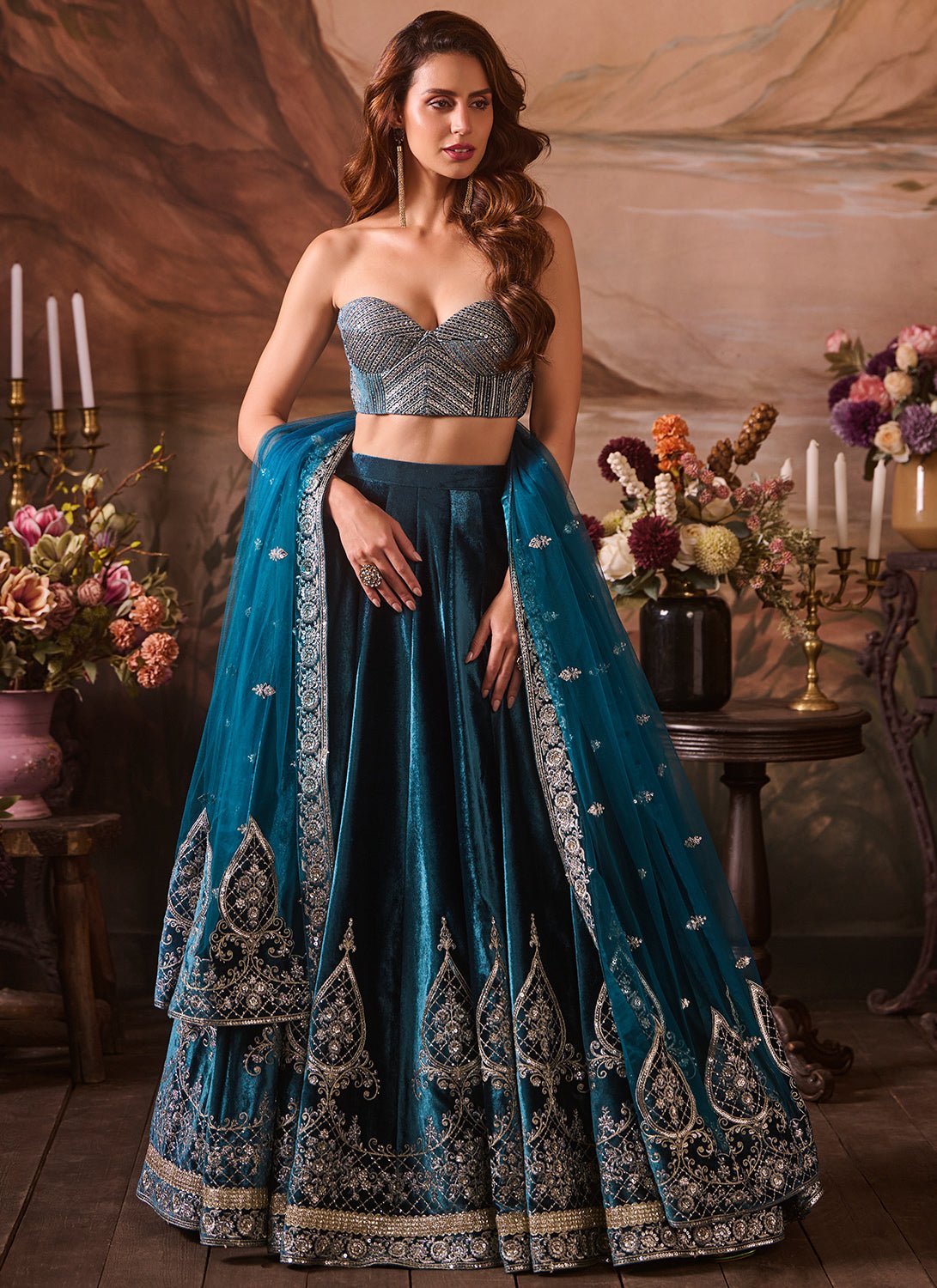 Blue Embroidered Velvet Corset Style Lehenga - Lashkaraa