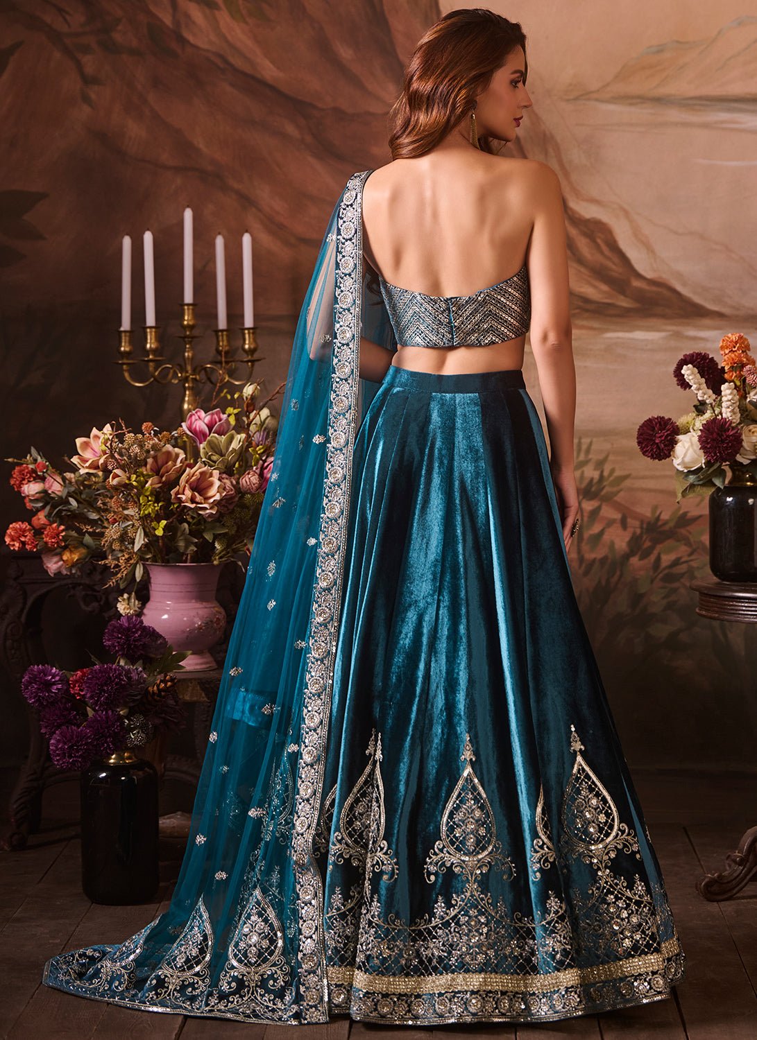 Blue Embroidered Velvet Corset Style Lehenga - Lashkaraa