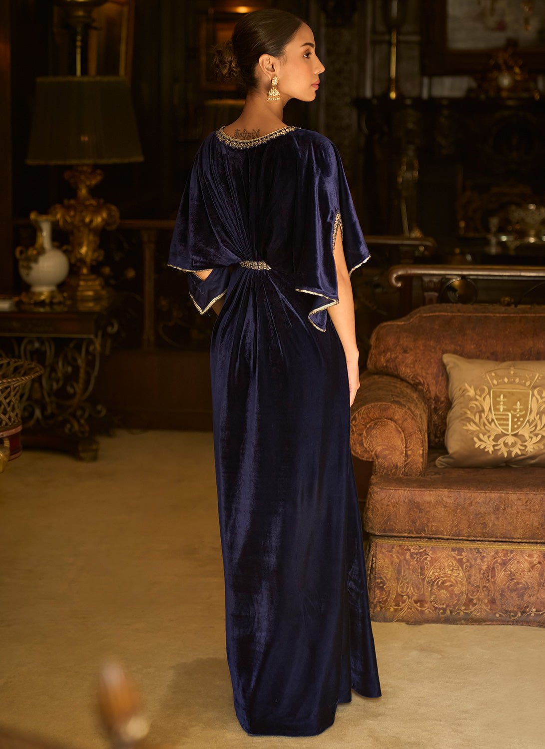 Blue Embroidered Velvet Kaftan - Lashkaraa