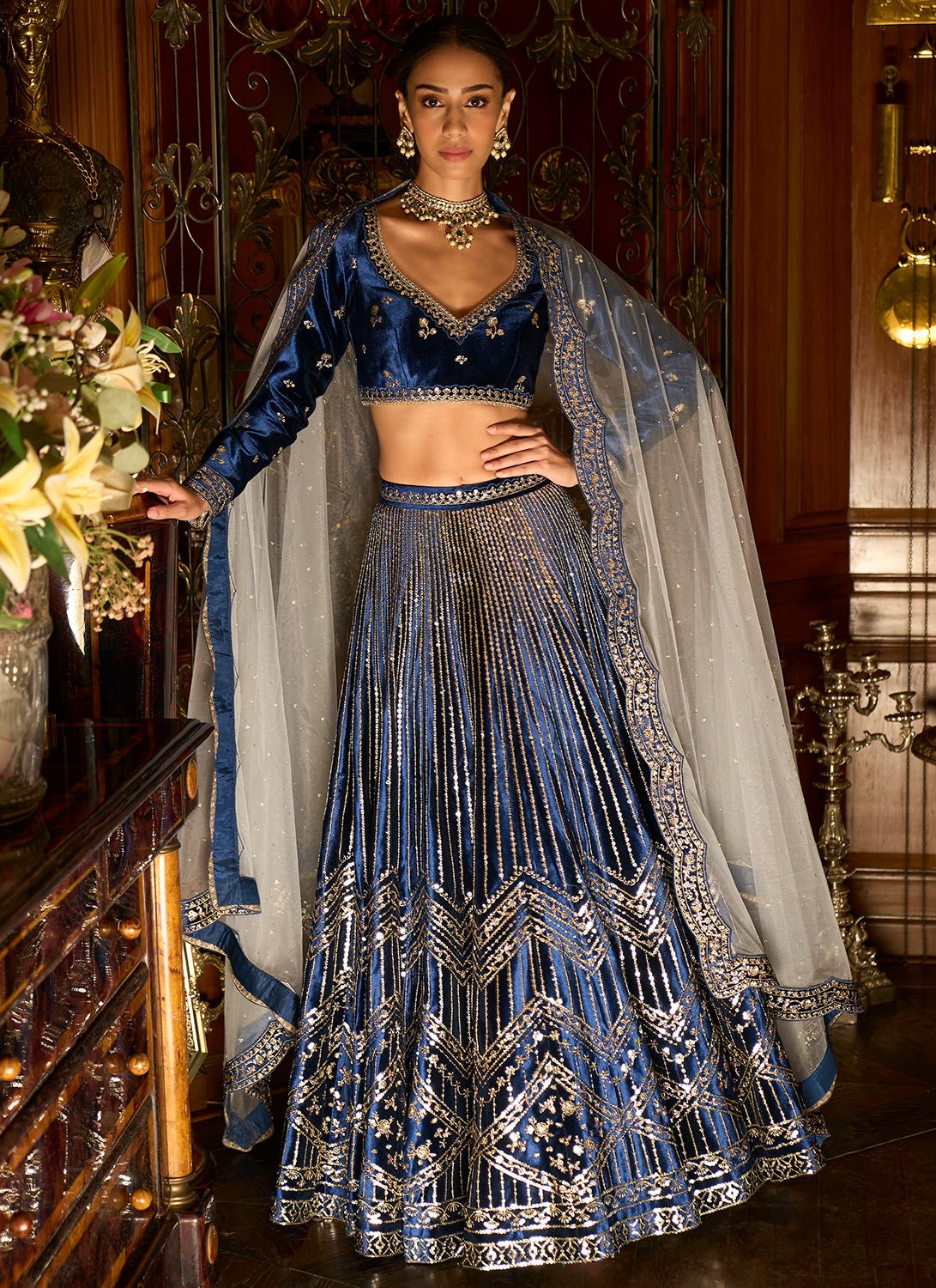 Blue Embroidered Velvet Lehenga - Lashkaraa