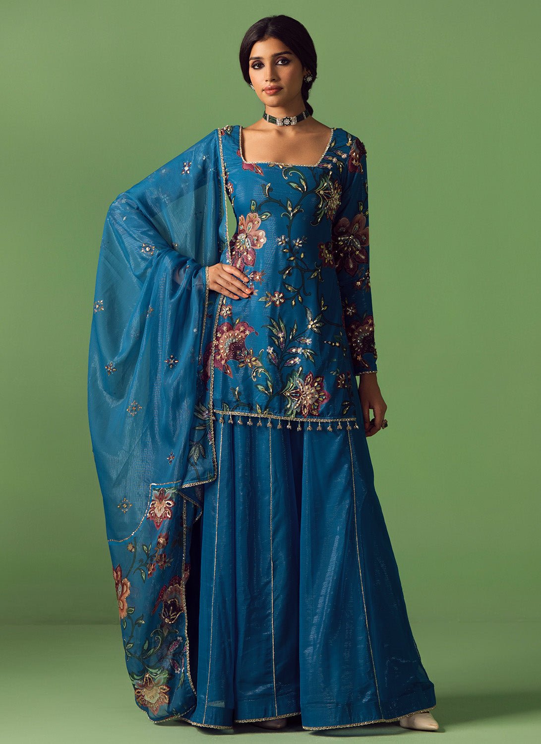 Blue Floral Printed Chiffon Sharara - Lashkaraa