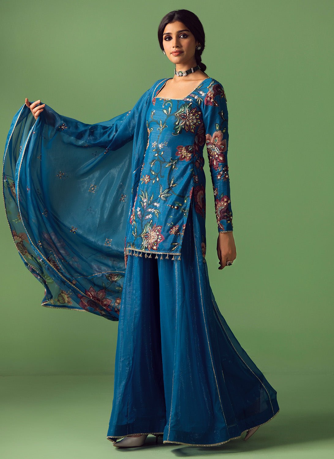 Blue Floral Printed Chiffon Sharara - Lashkaraa
