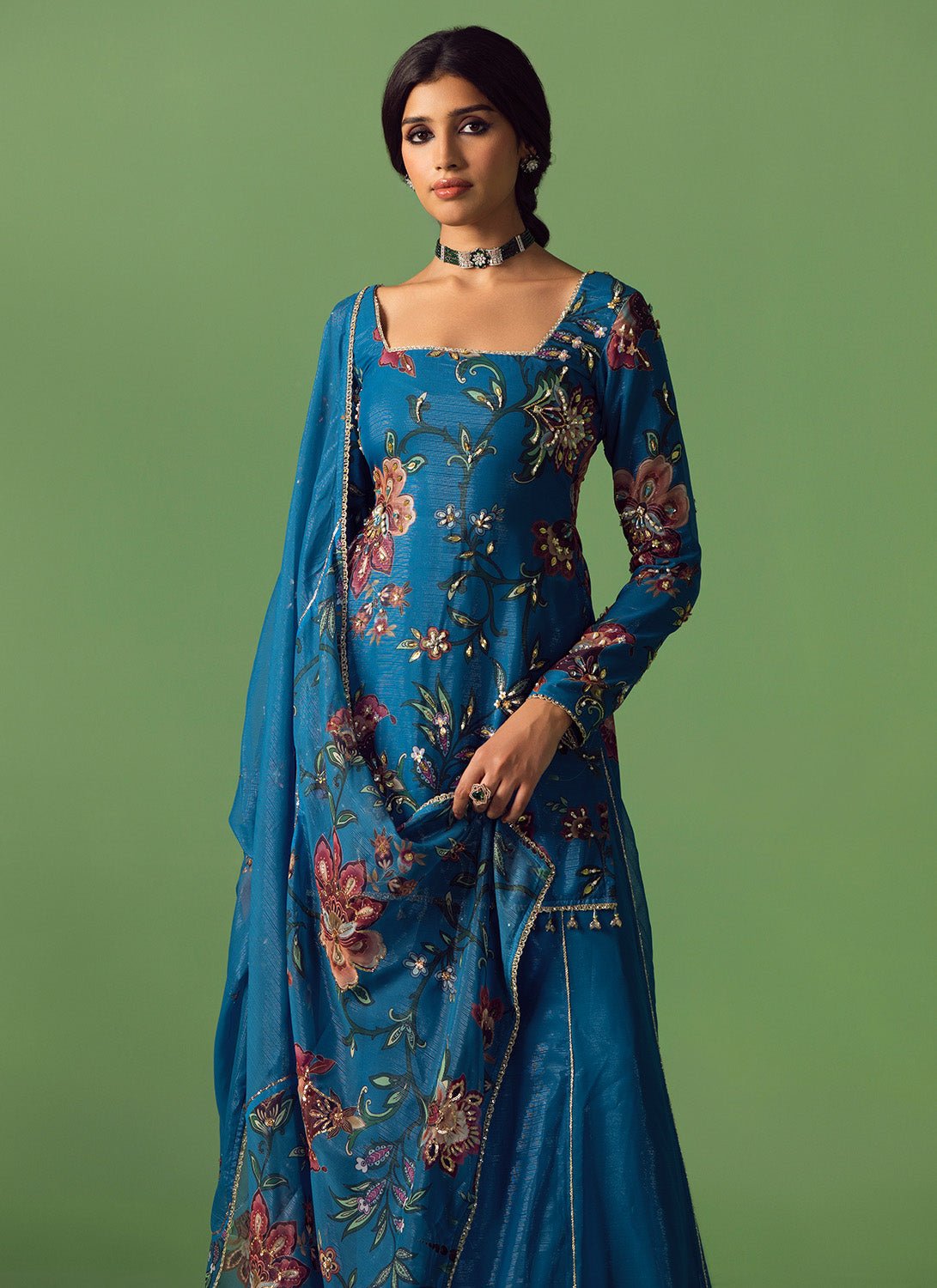 Blue Floral Printed Chiffon Sharara - Lashkaraa