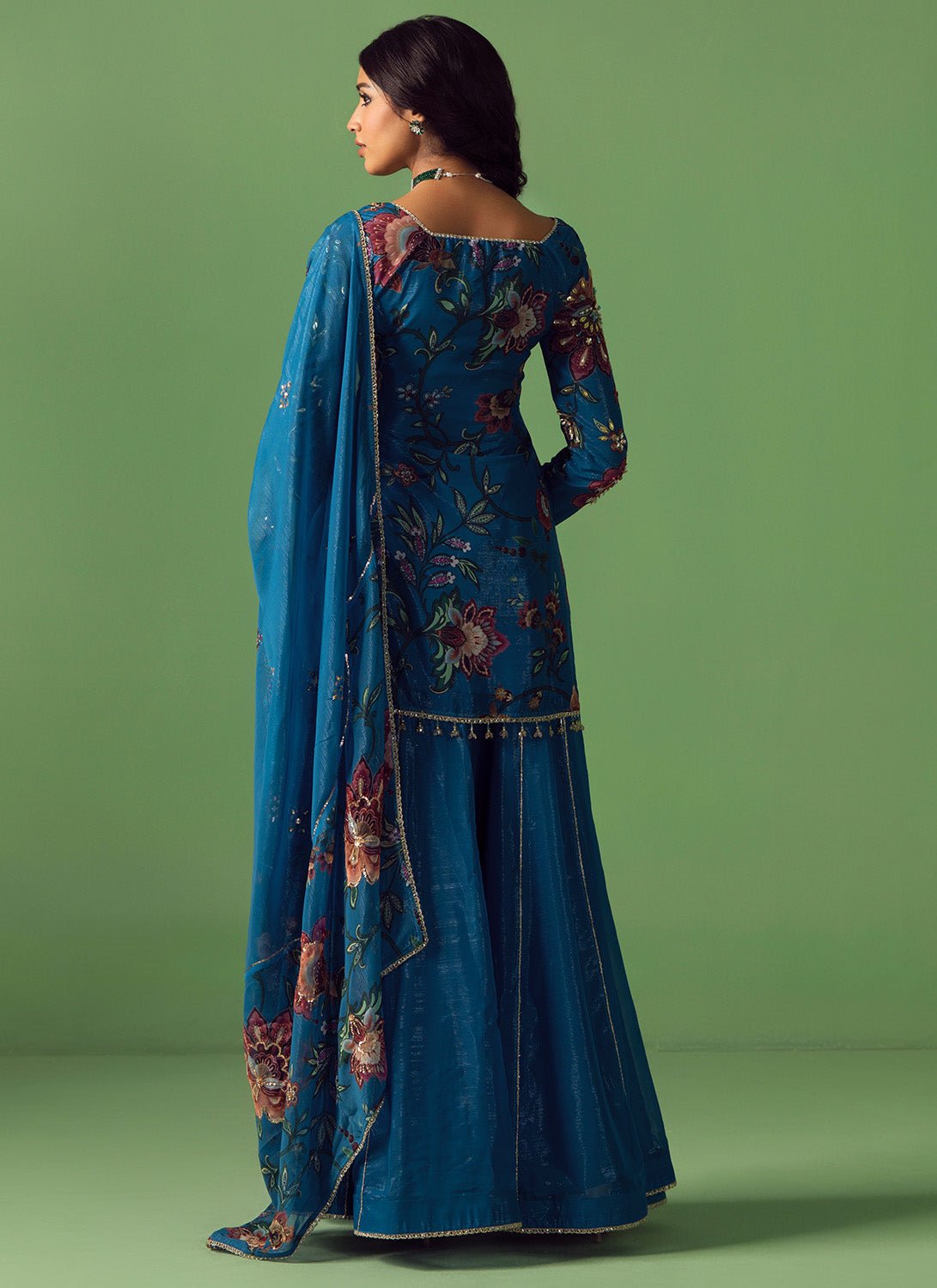 Blue Floral Printed Chiffon Sharara - Lashkaraa