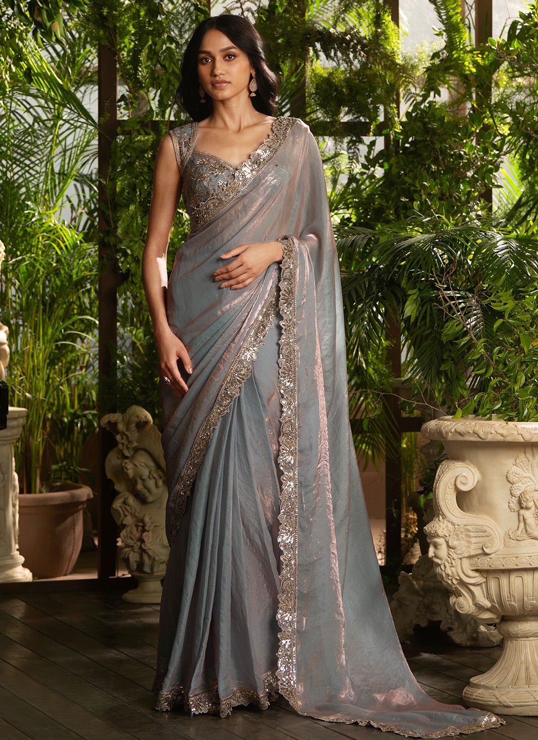 Blue Grey Embroidered Silk Saree - Lashkaraa