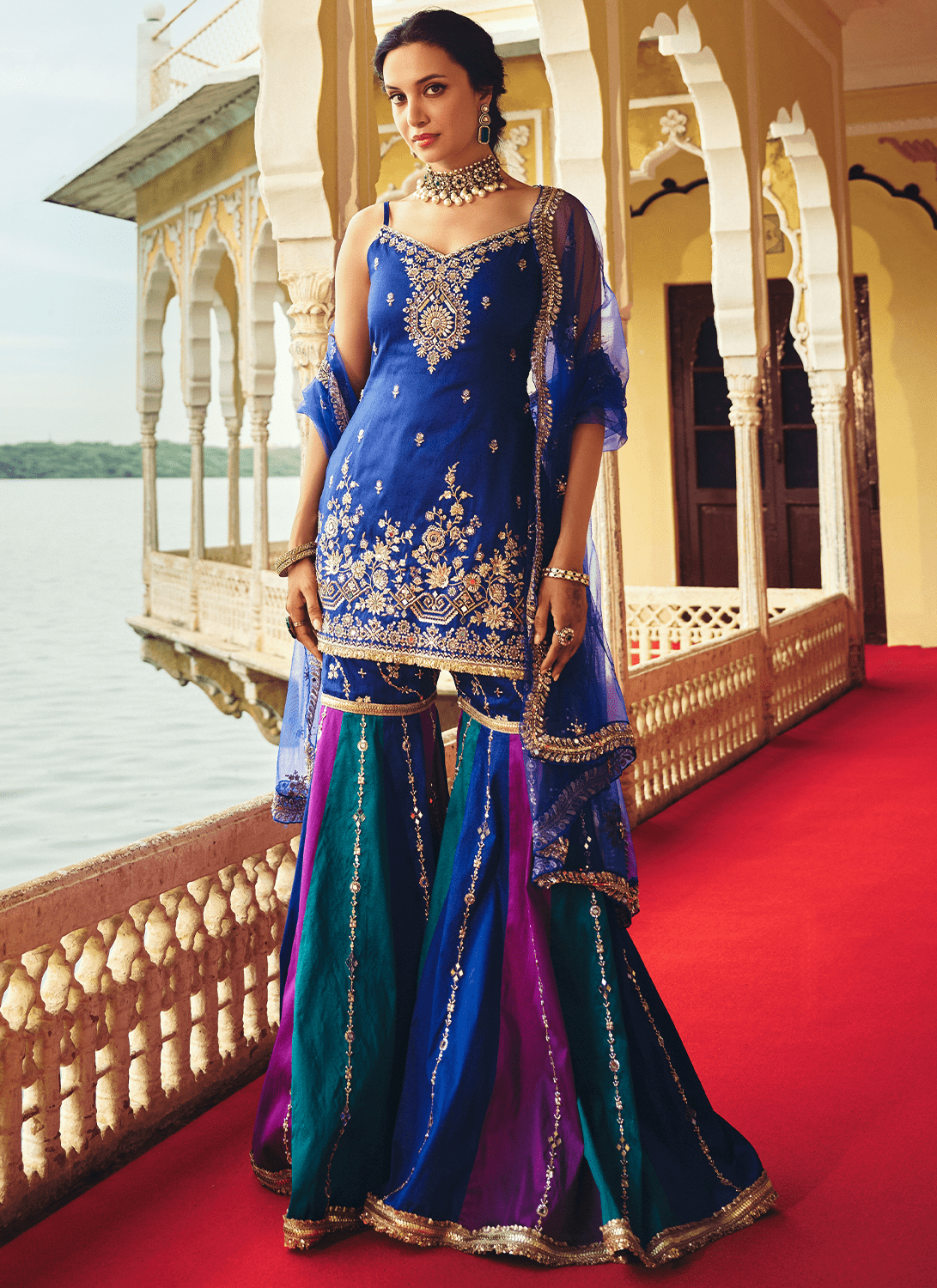 Blue Multicolor Embroidered Silk Gharara - Lashkaraa