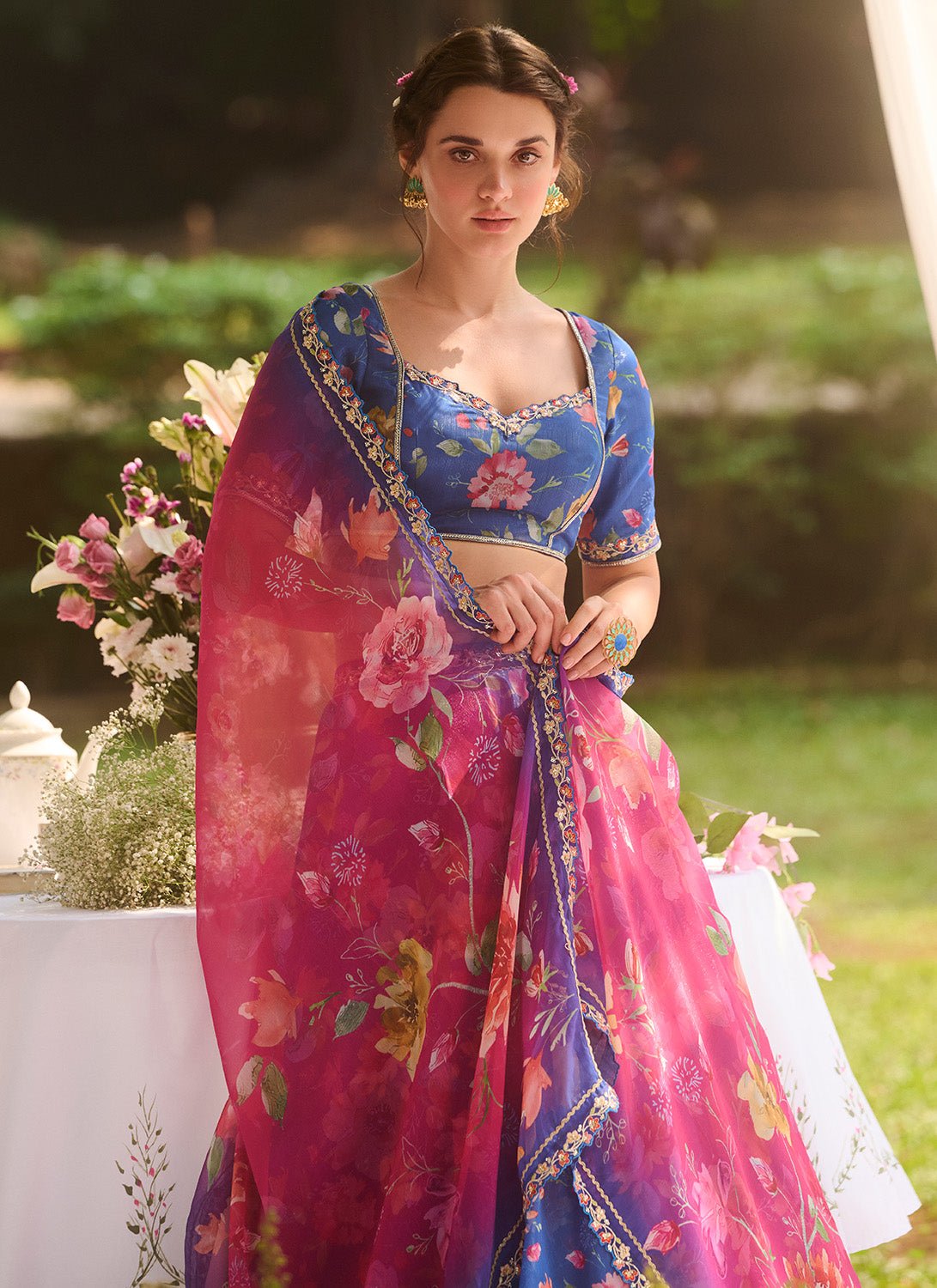 Blue Multicolor Floral Printed Chiffon Lehenga - Lashkaraa