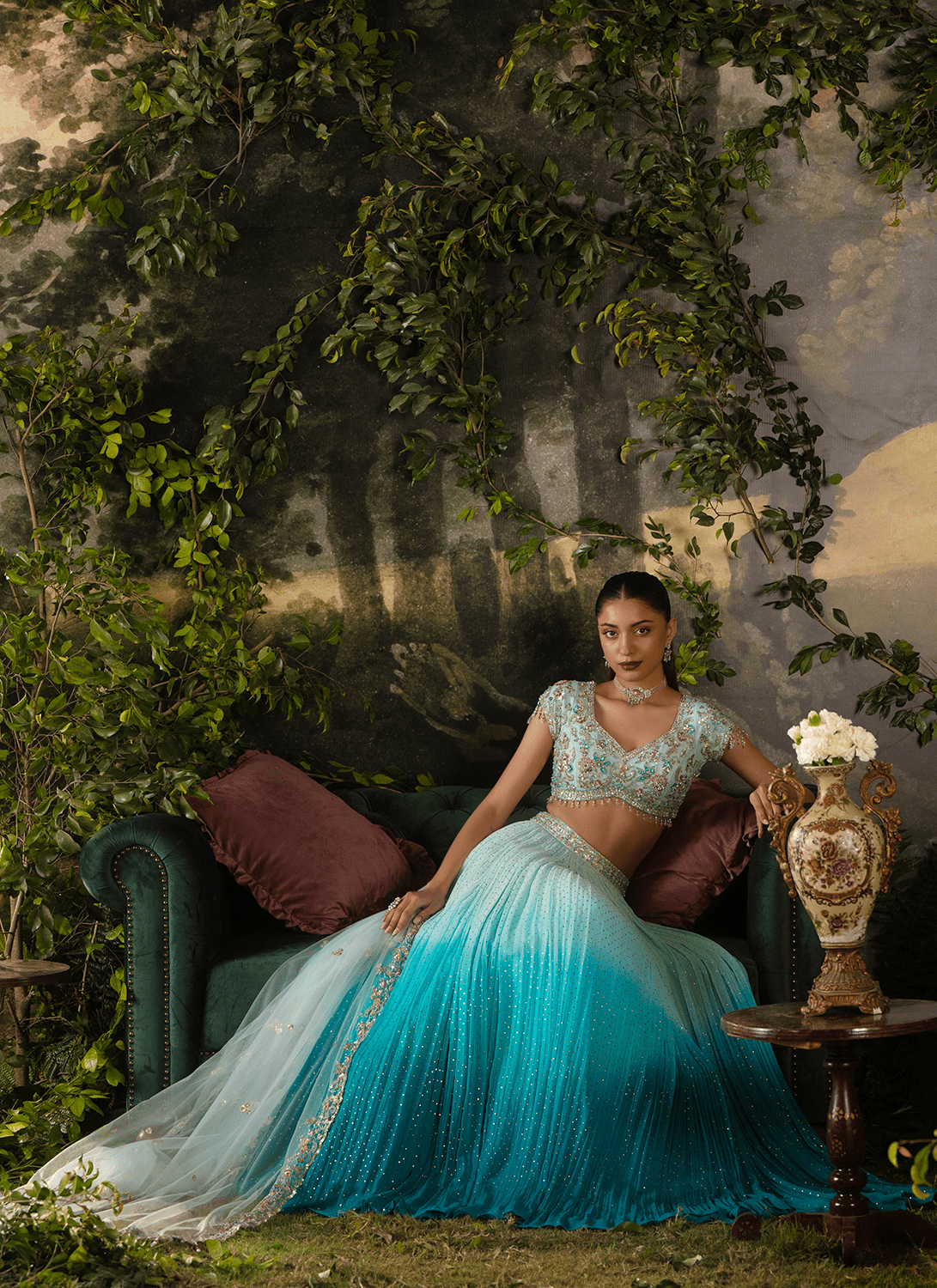 Blue Ombré Embroidered Georgette Lehenga - Lashkaraa