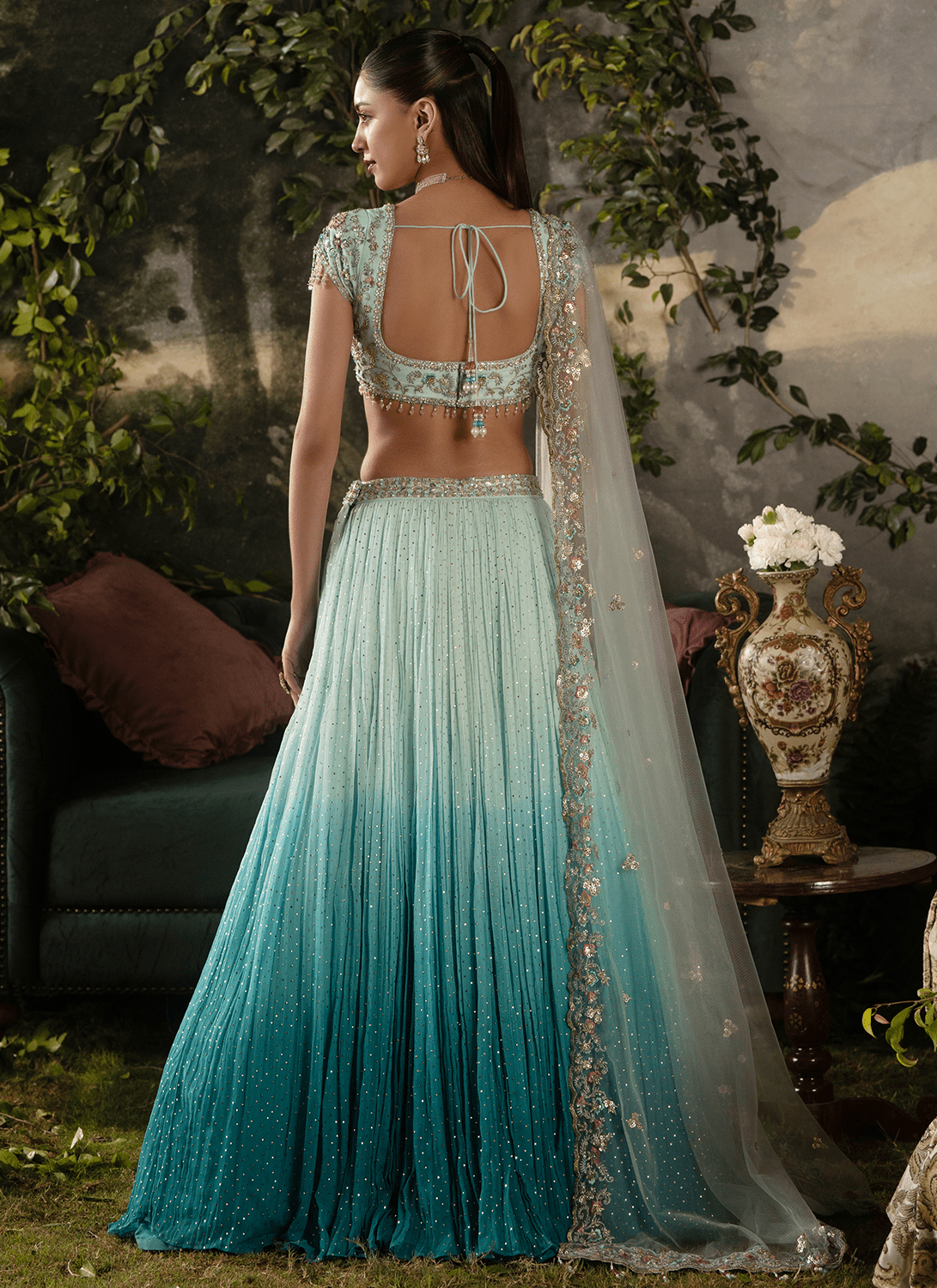 Blue Ombré Embroidered Georgette Lehenga - Lashkaraa